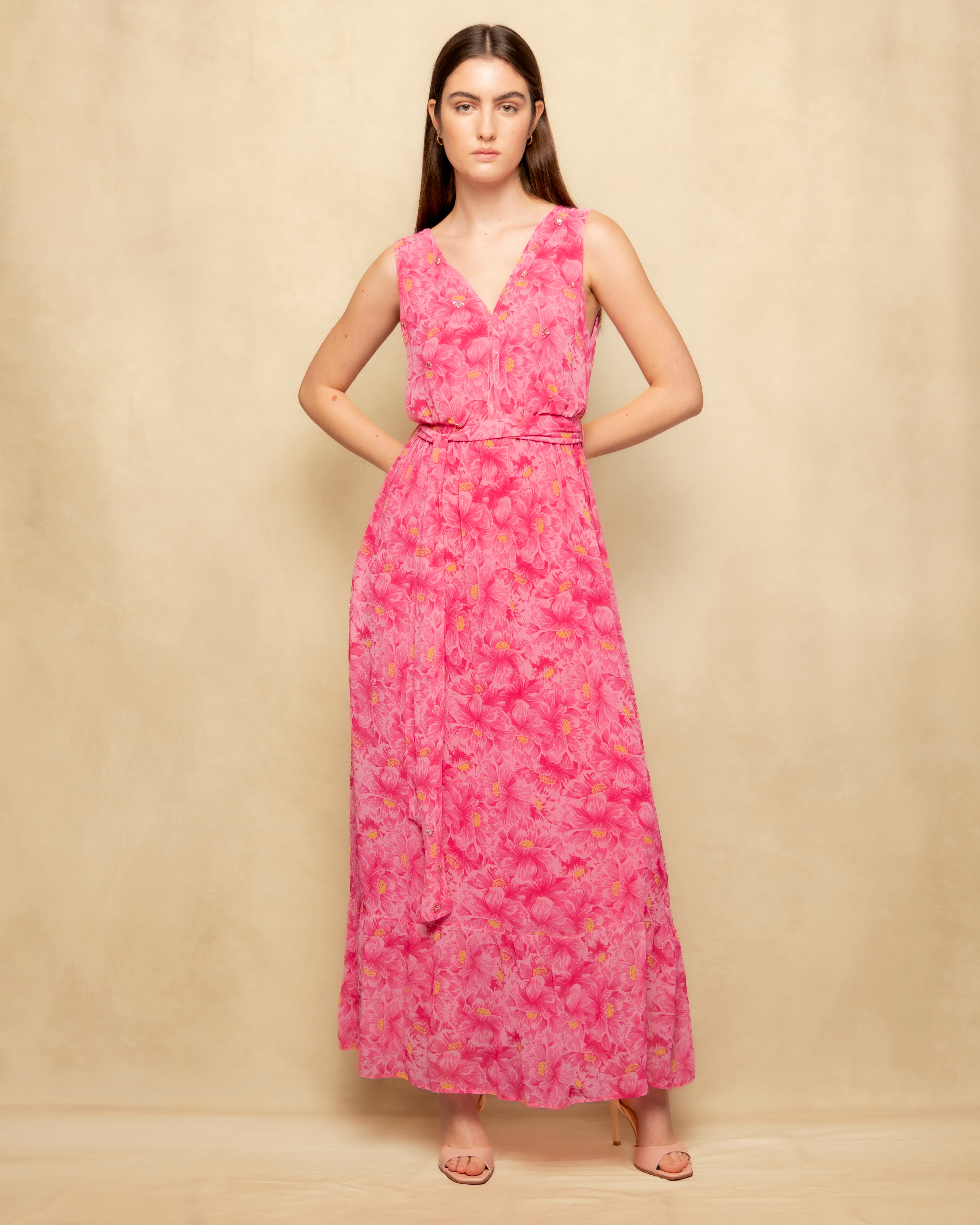 Vestido Comprido Fluido com Estampado Floral e Bordado Rosa-3