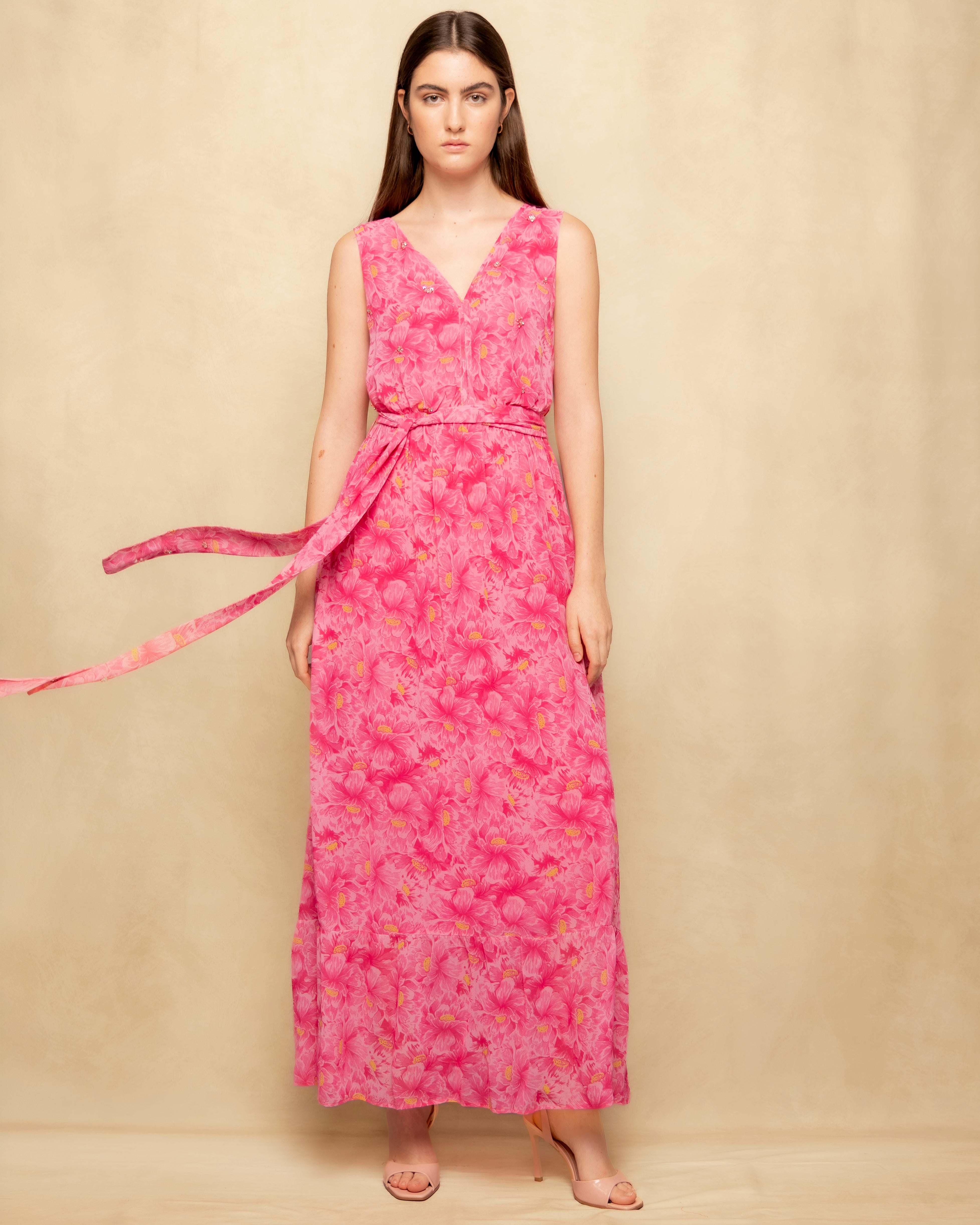 Vestido Comprido Fluido com Estampado Floral e Bordado Rosa-4