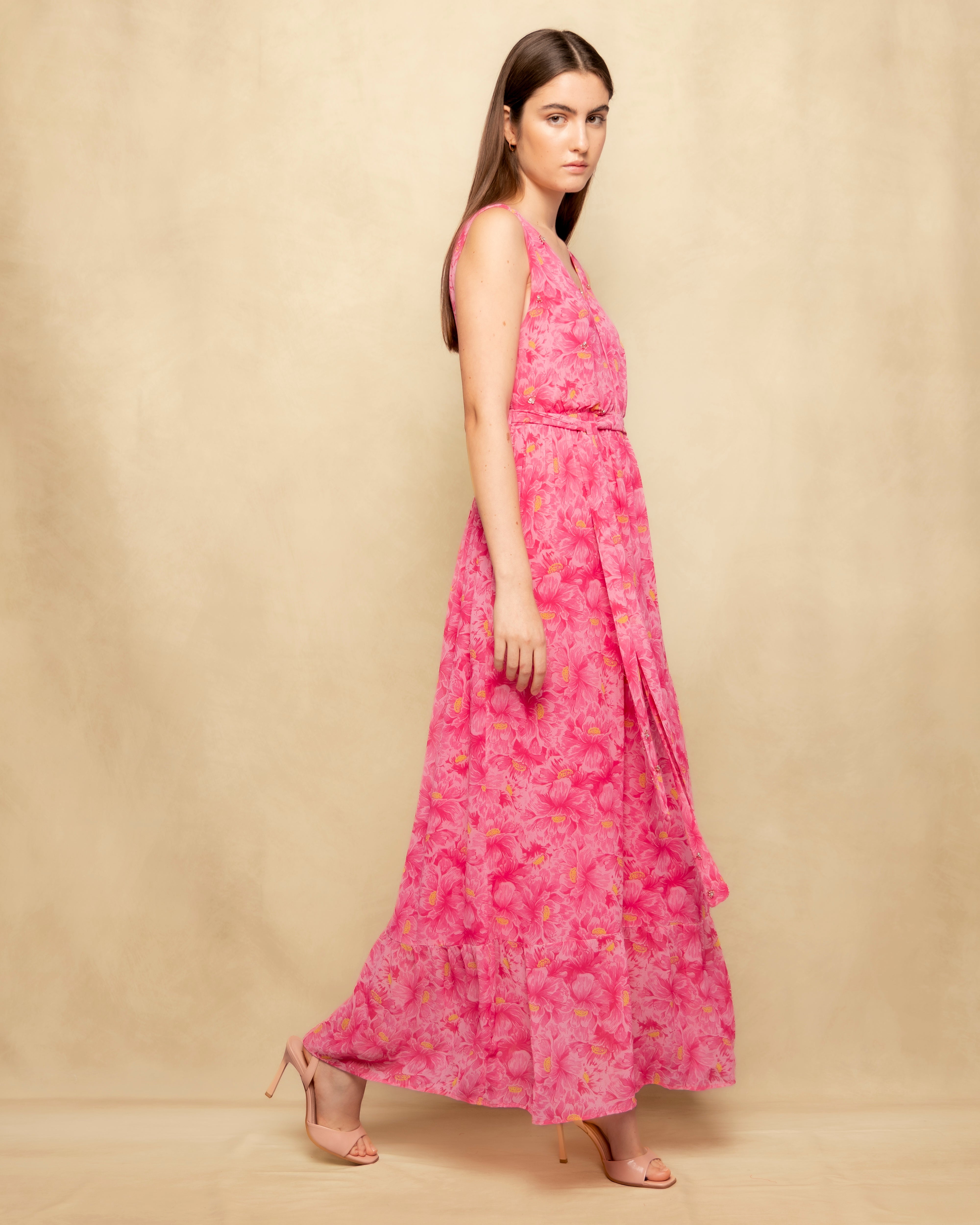 Vestido Comprido Fluido com Estampado Floral e Bordado Rosa-5