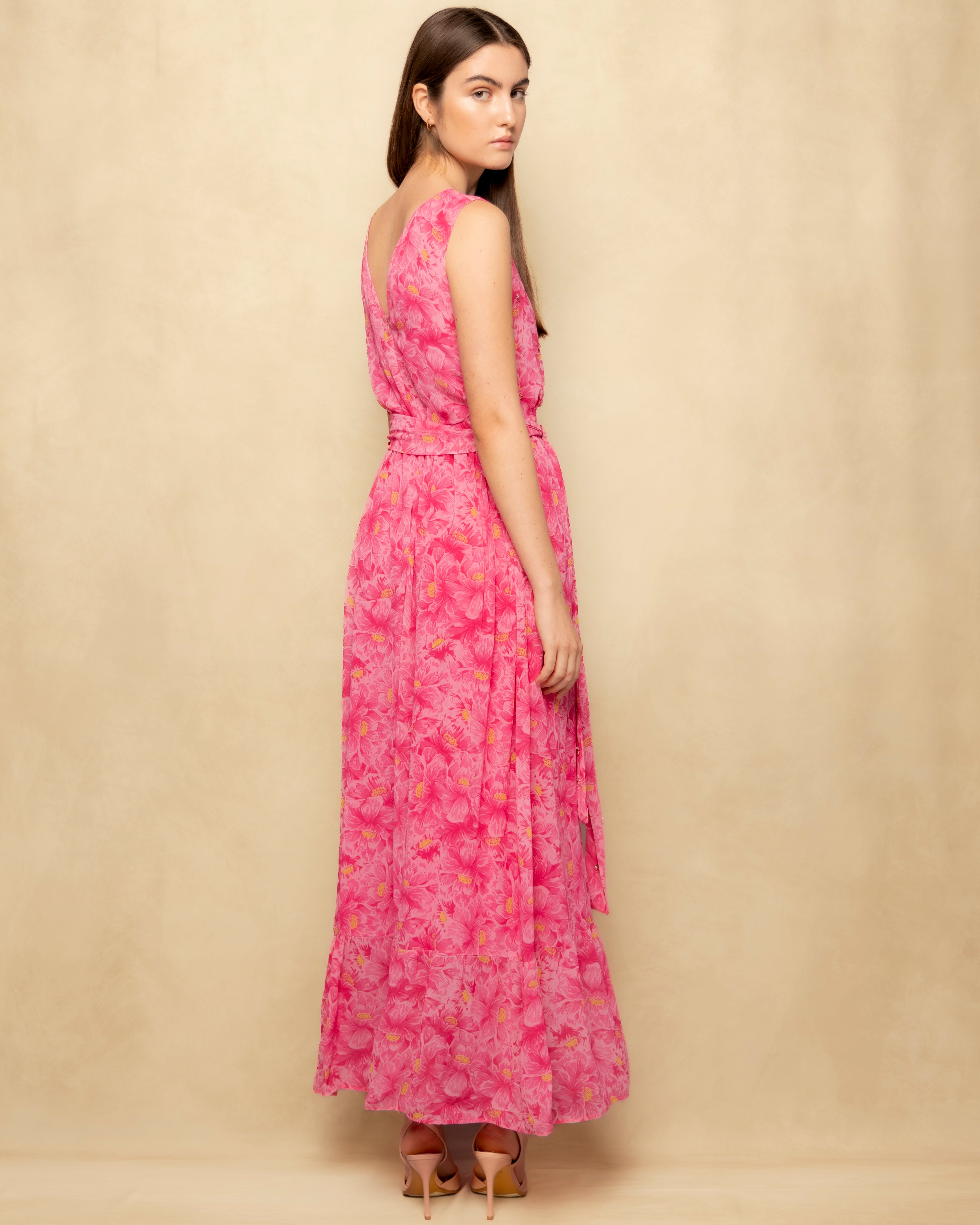 Vestido Comprido Fluido com Estampado Floral e Bordado Rosa-7