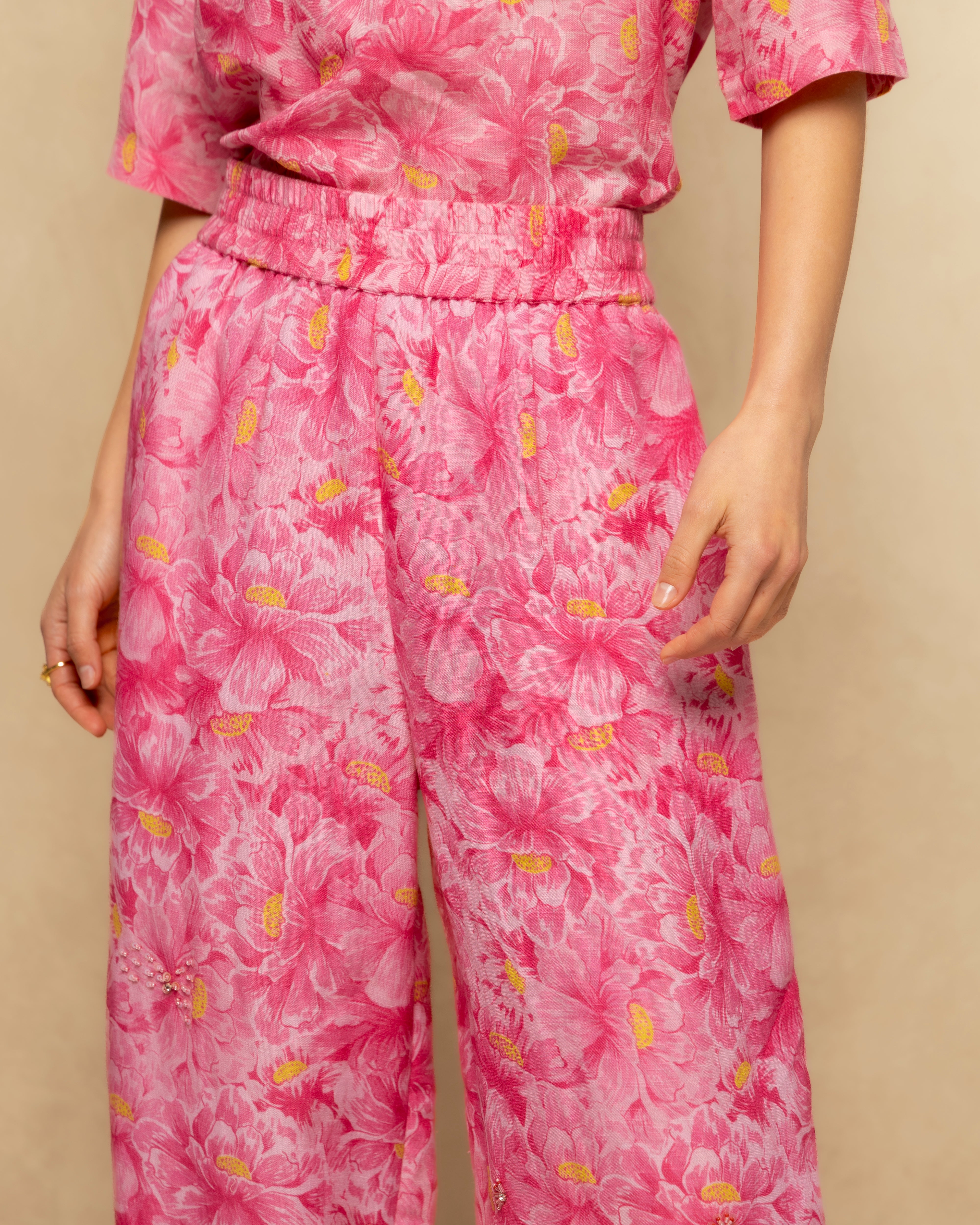Calças Largas Fluídas com Estampado Floral Rosa-3