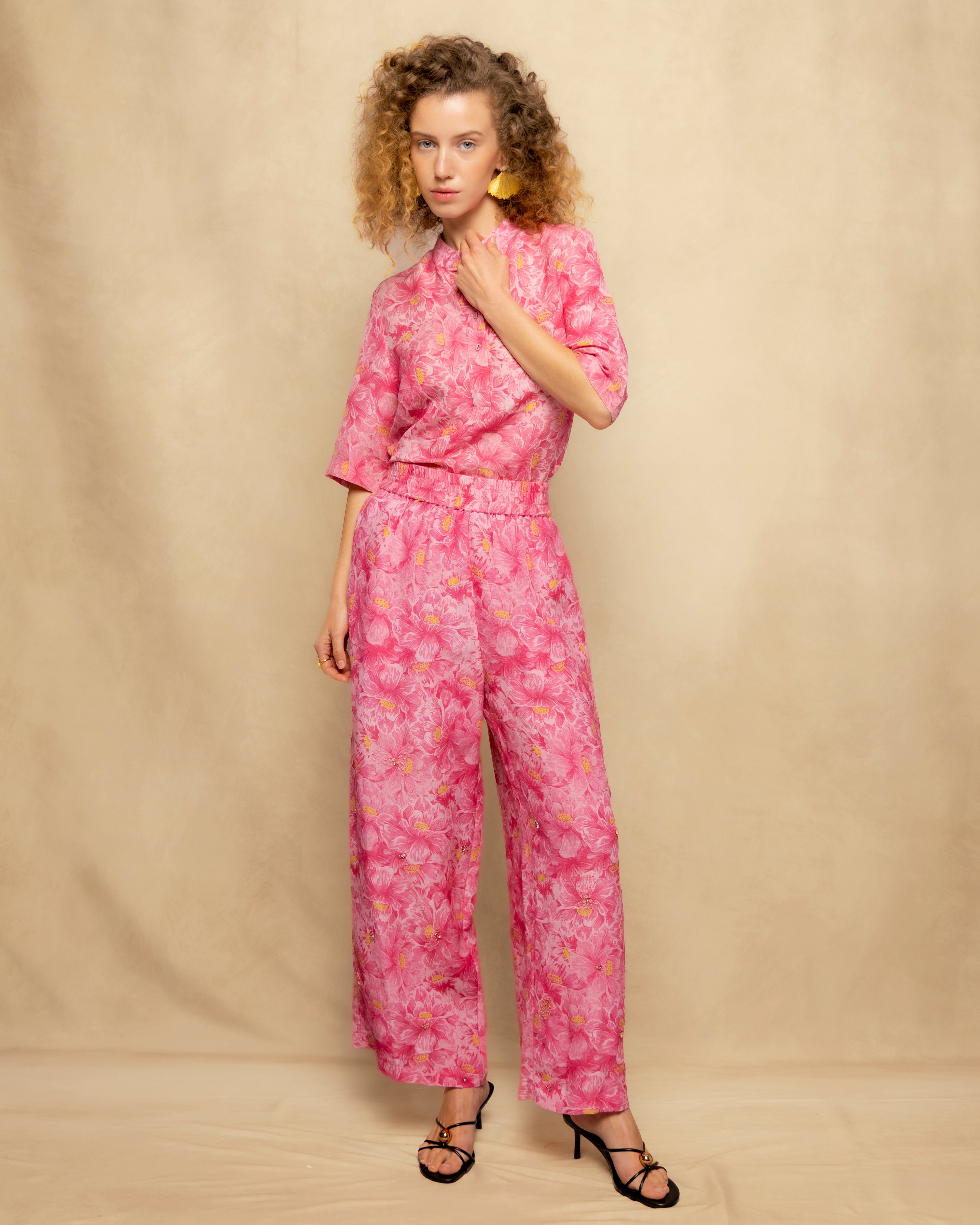 Calças Largas Fluídas com Estampado Floral Rosa-5