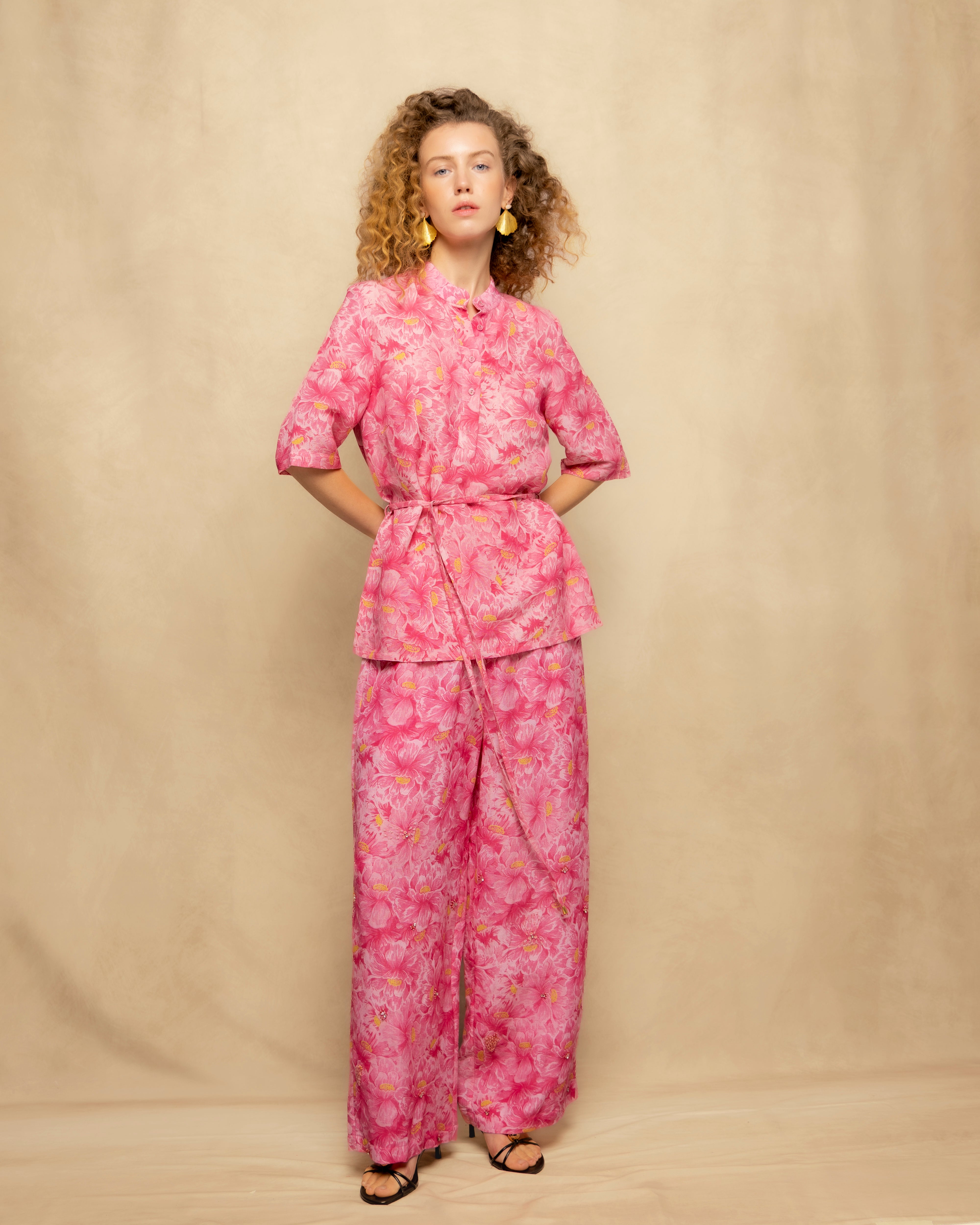 Calças Largas Fluídas com Estampado Floral Rosa-6