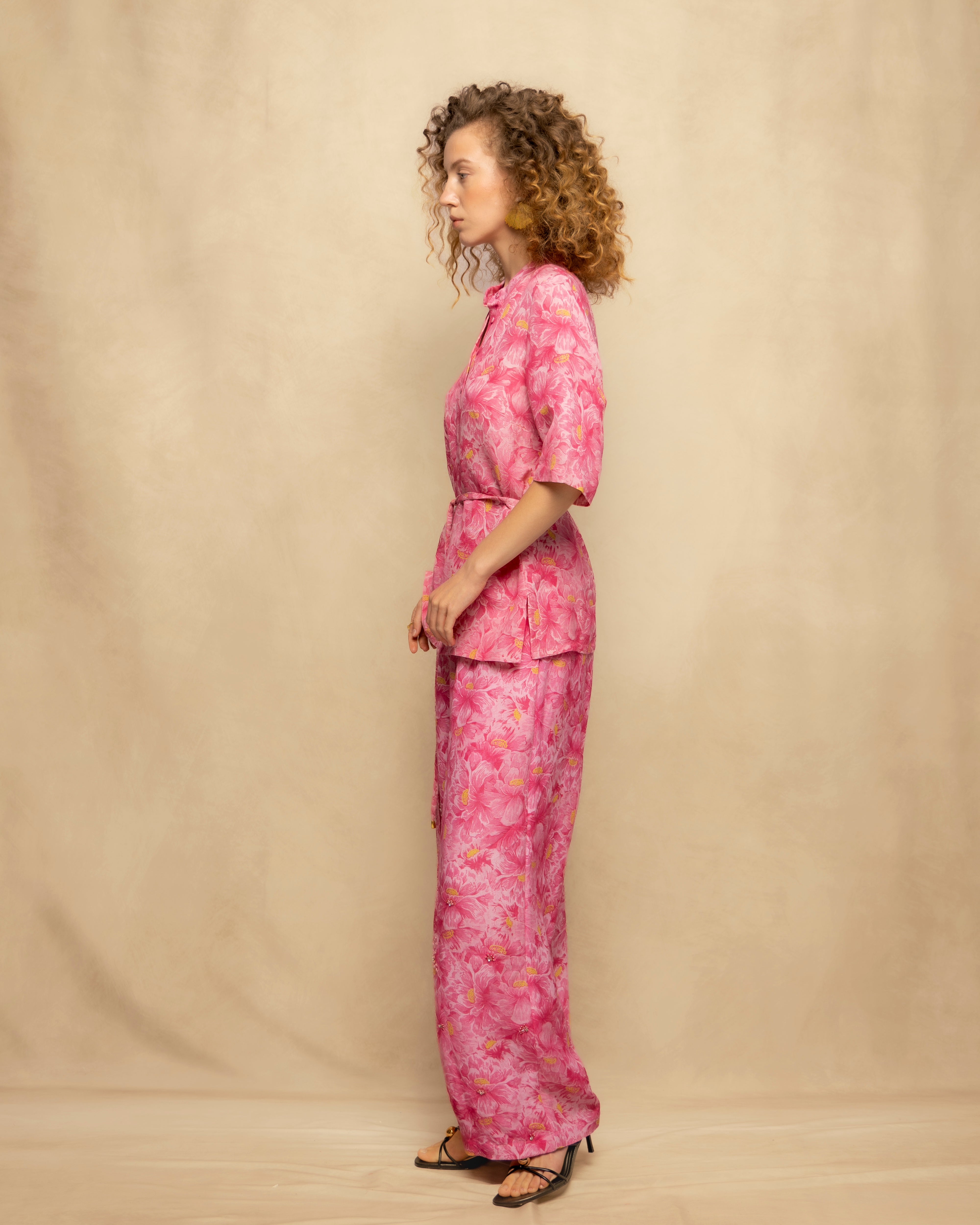 Calças Largas Fluídas com Estampado Floral Rosa-7