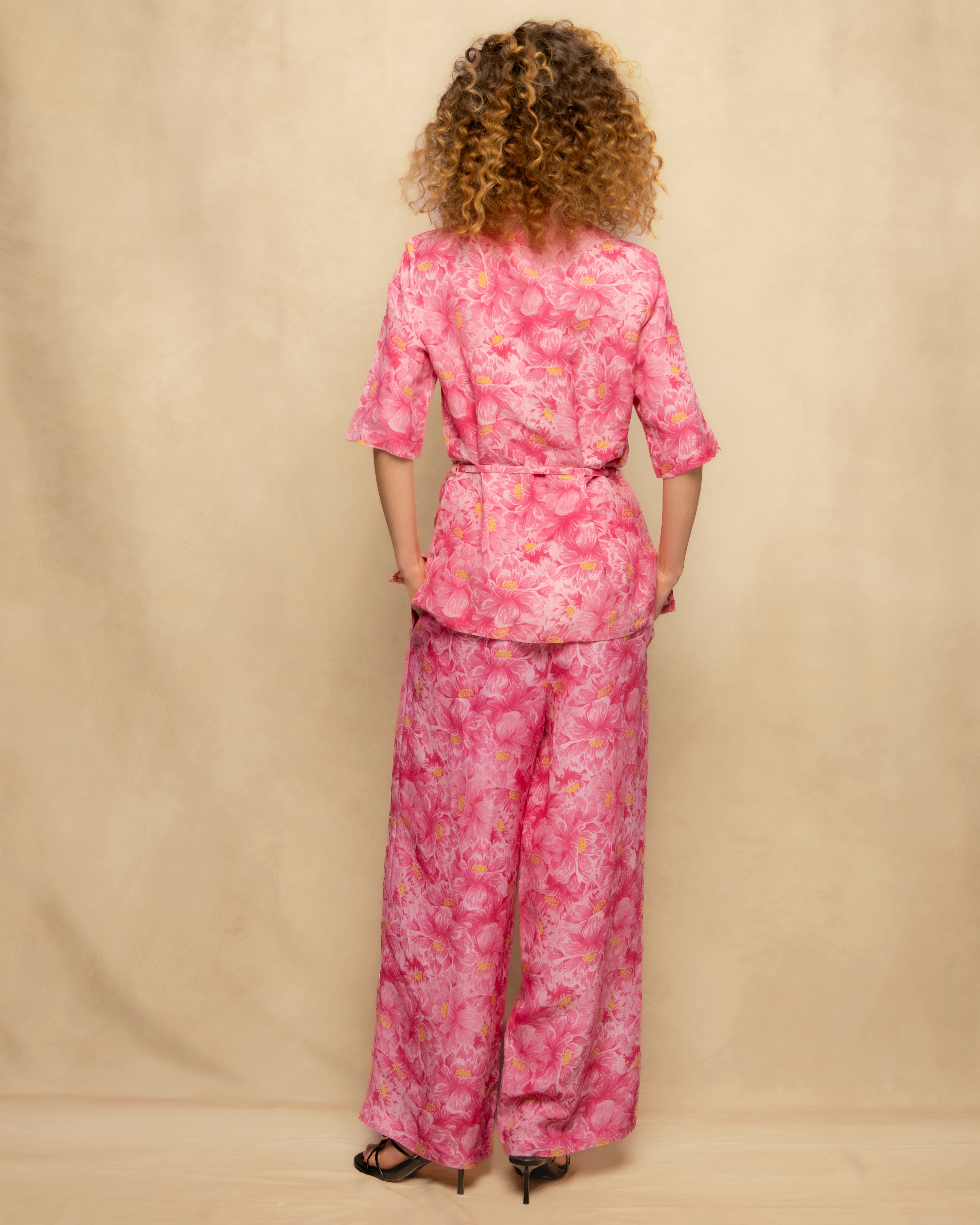 Calças Largas Fluídas com Estampado Floral Rosa-8
