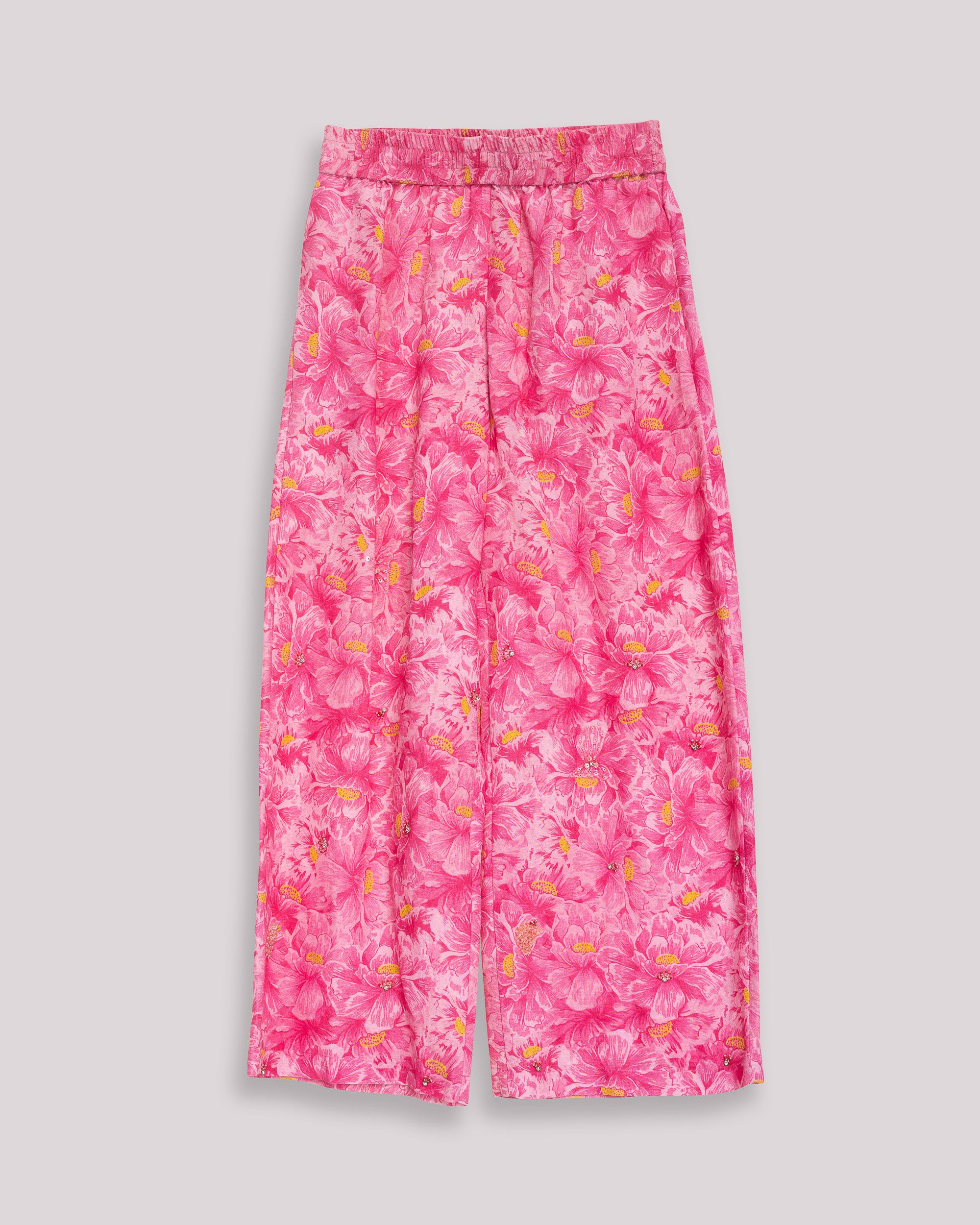 Calças Largas Fluídas com Estampado Floral Rosa-9