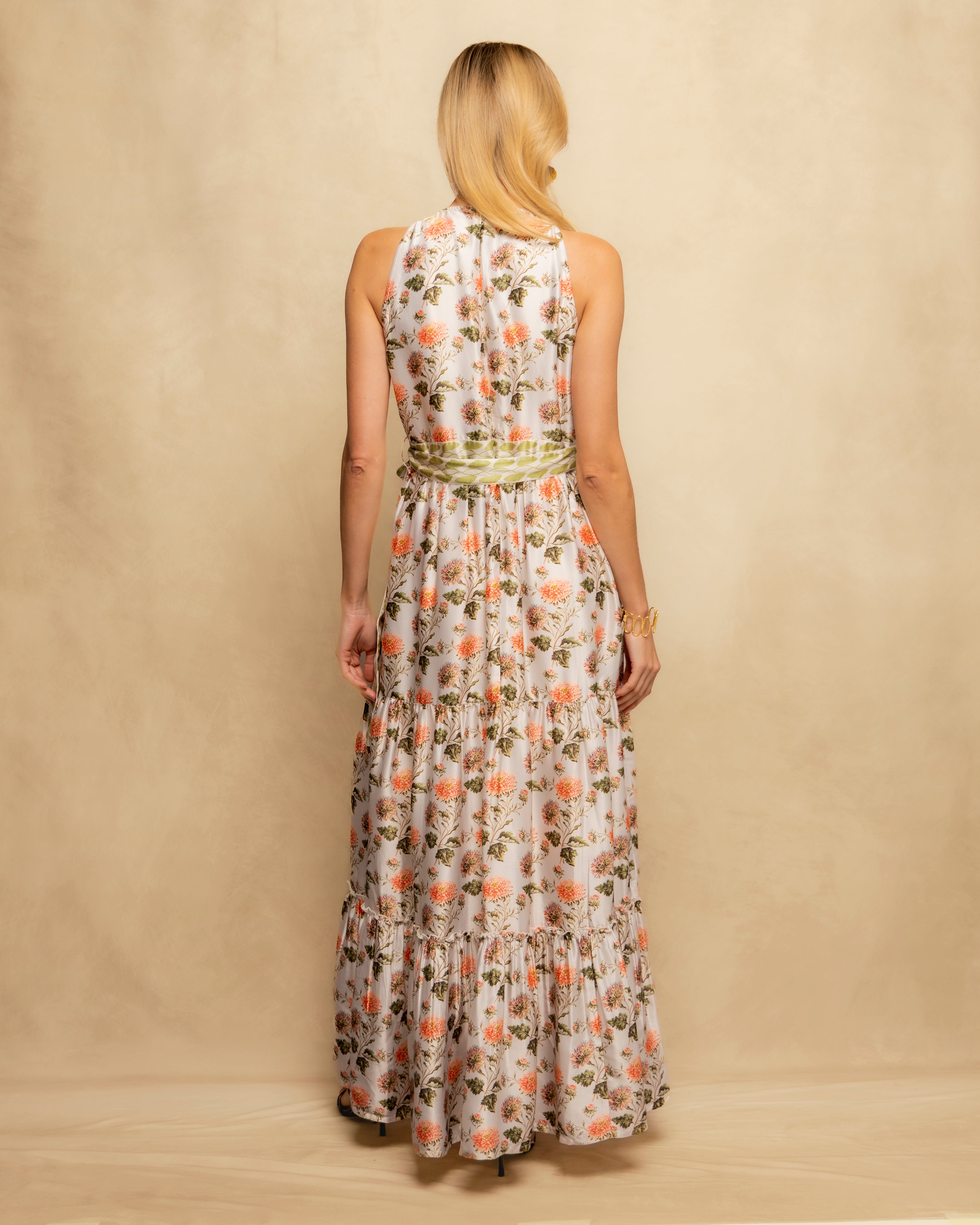 Vestido Comprido sem Mangas com Estampado Floral e Cinto Branco-5