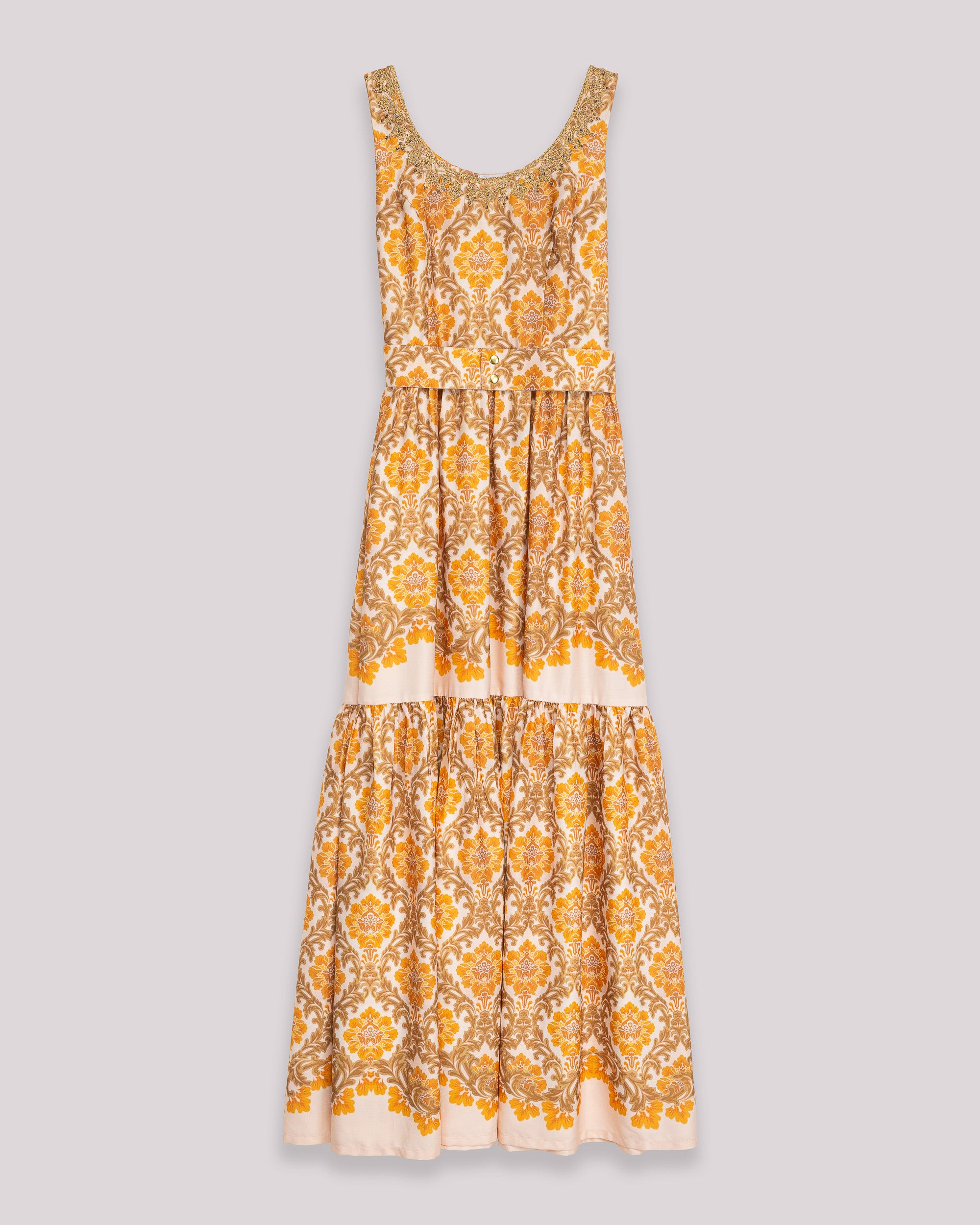 Vestido Comprido sem Mangas com Bordado Floral no Peito Amarelo-6