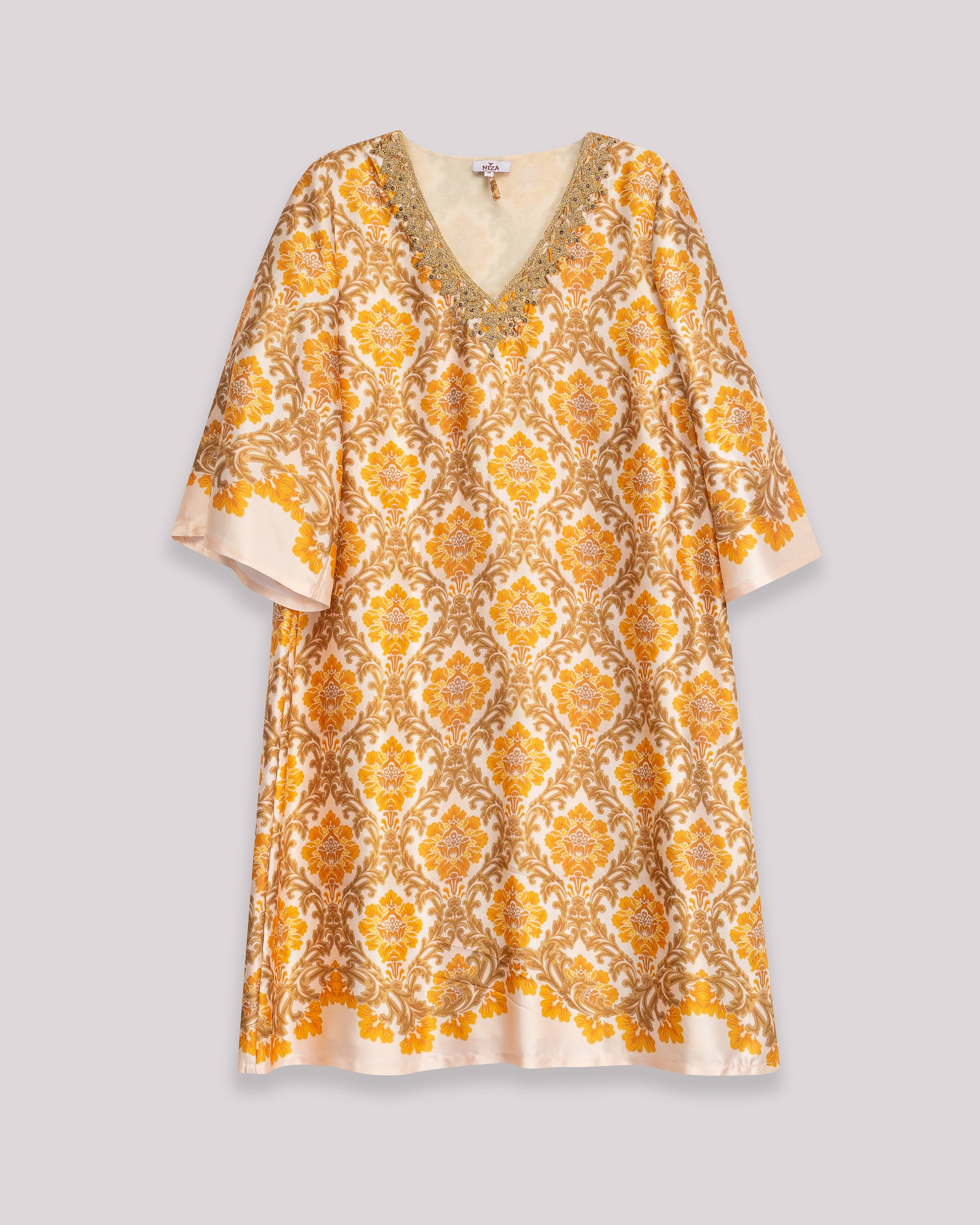 Vestido Curto de Manga 3/4 Estampado e Cinto com Nó Amarelo-6