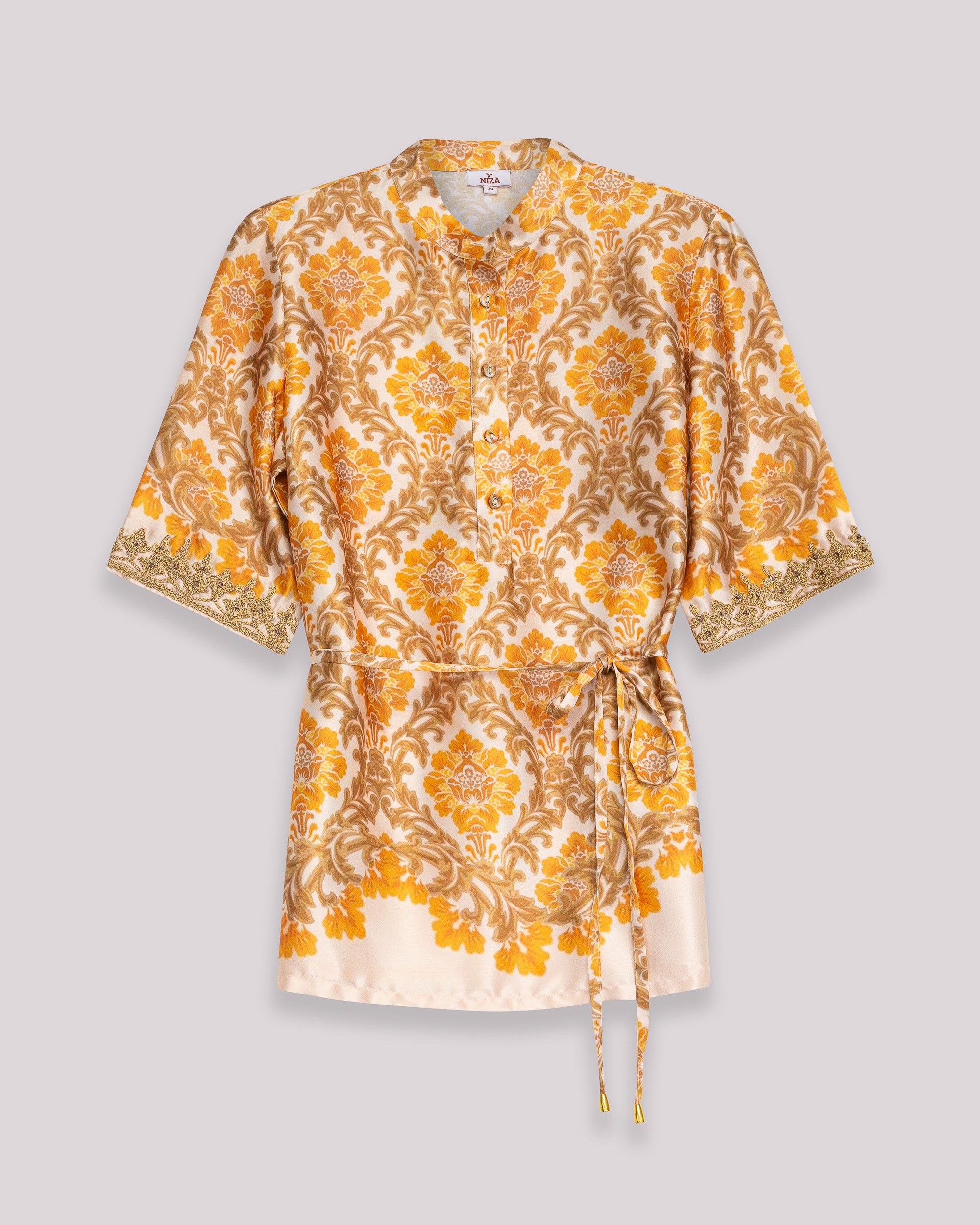 Blusa Estampada com Manga Curta Fecho Frontal e Laçada Lateral Amarelo-7