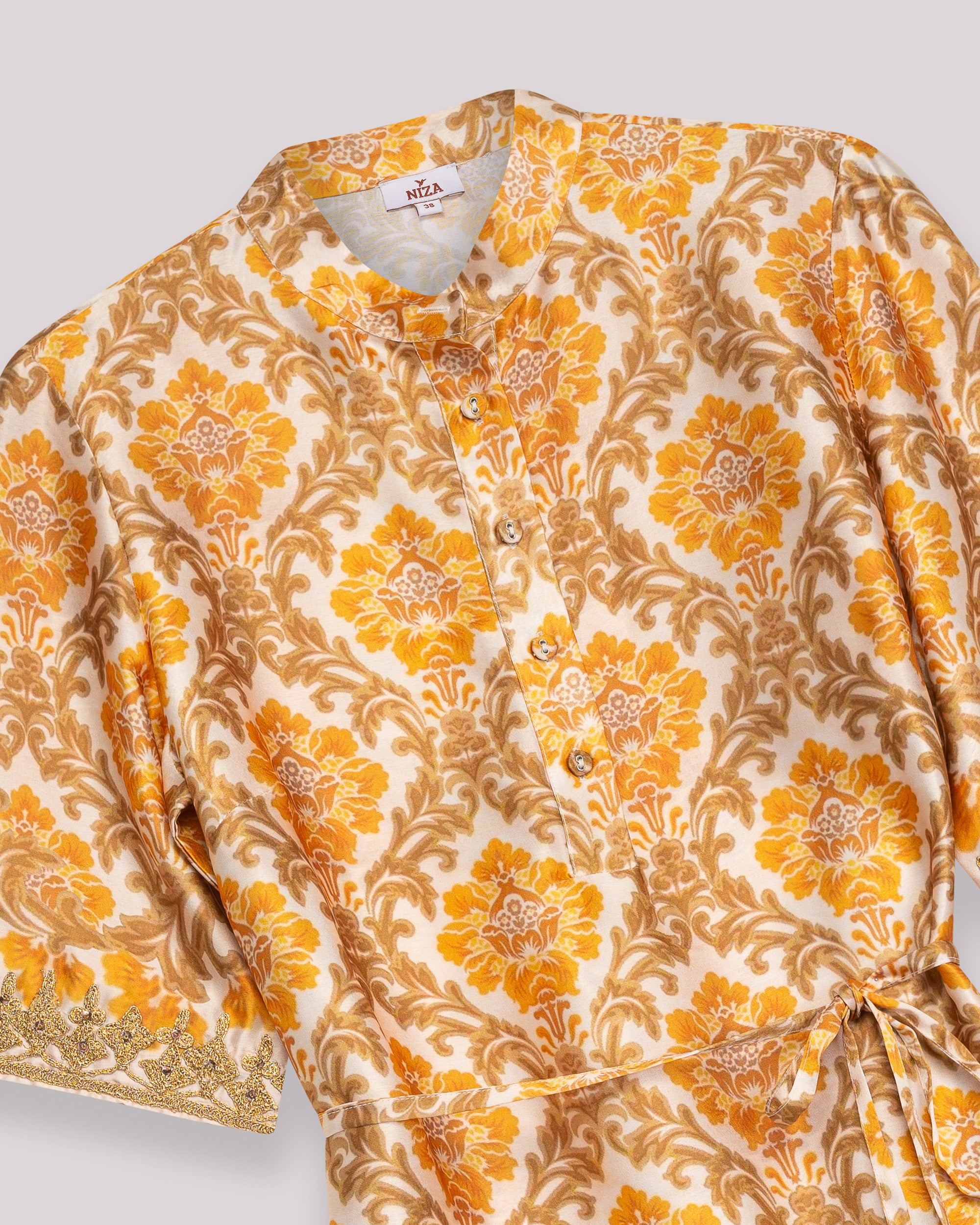 Blusa Estampada com Manga Curta Fecho Frontal e Laçada Lateral Amarelo-8