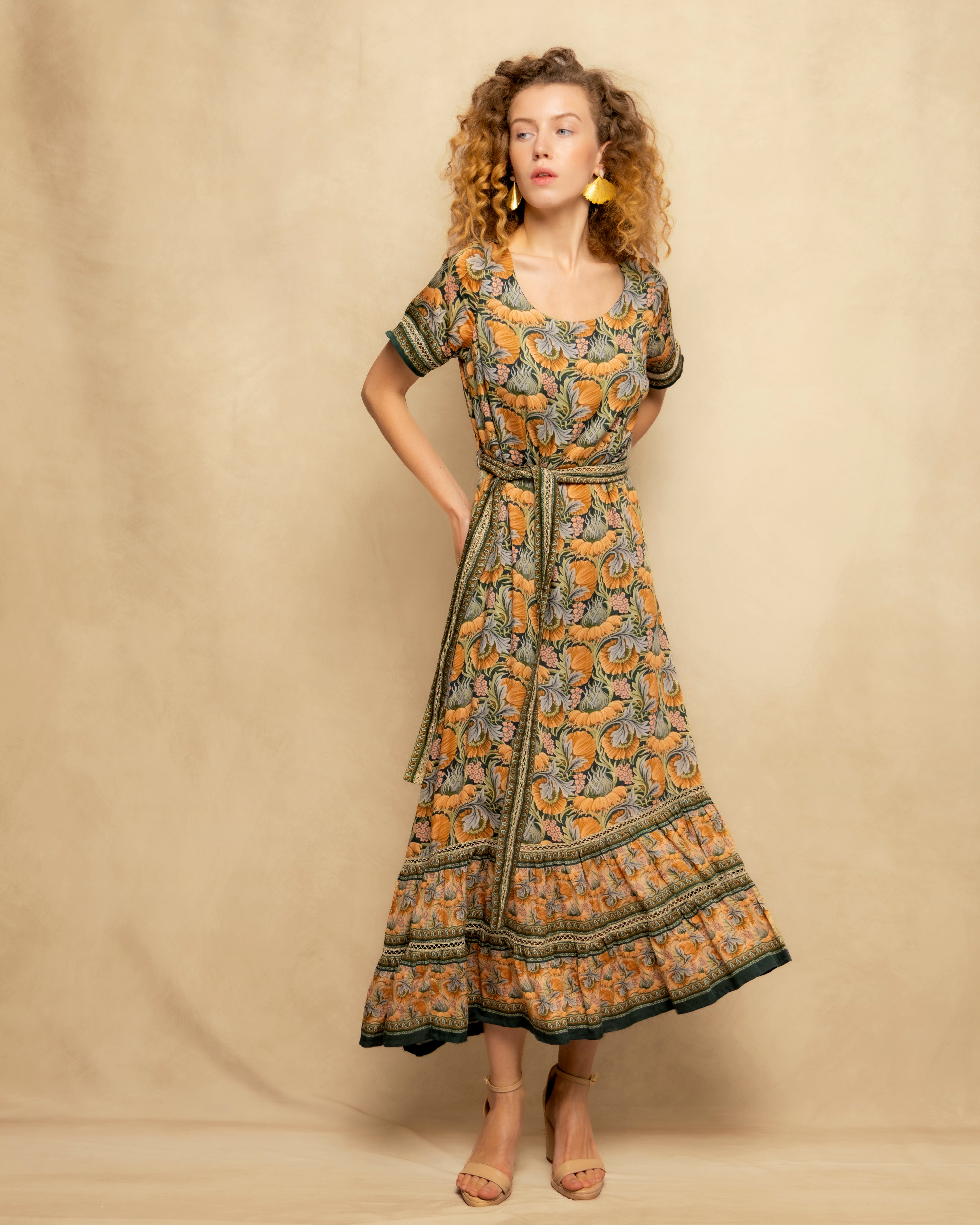 Vestido Midi Estampado de Inspiração Boémia Verde-3