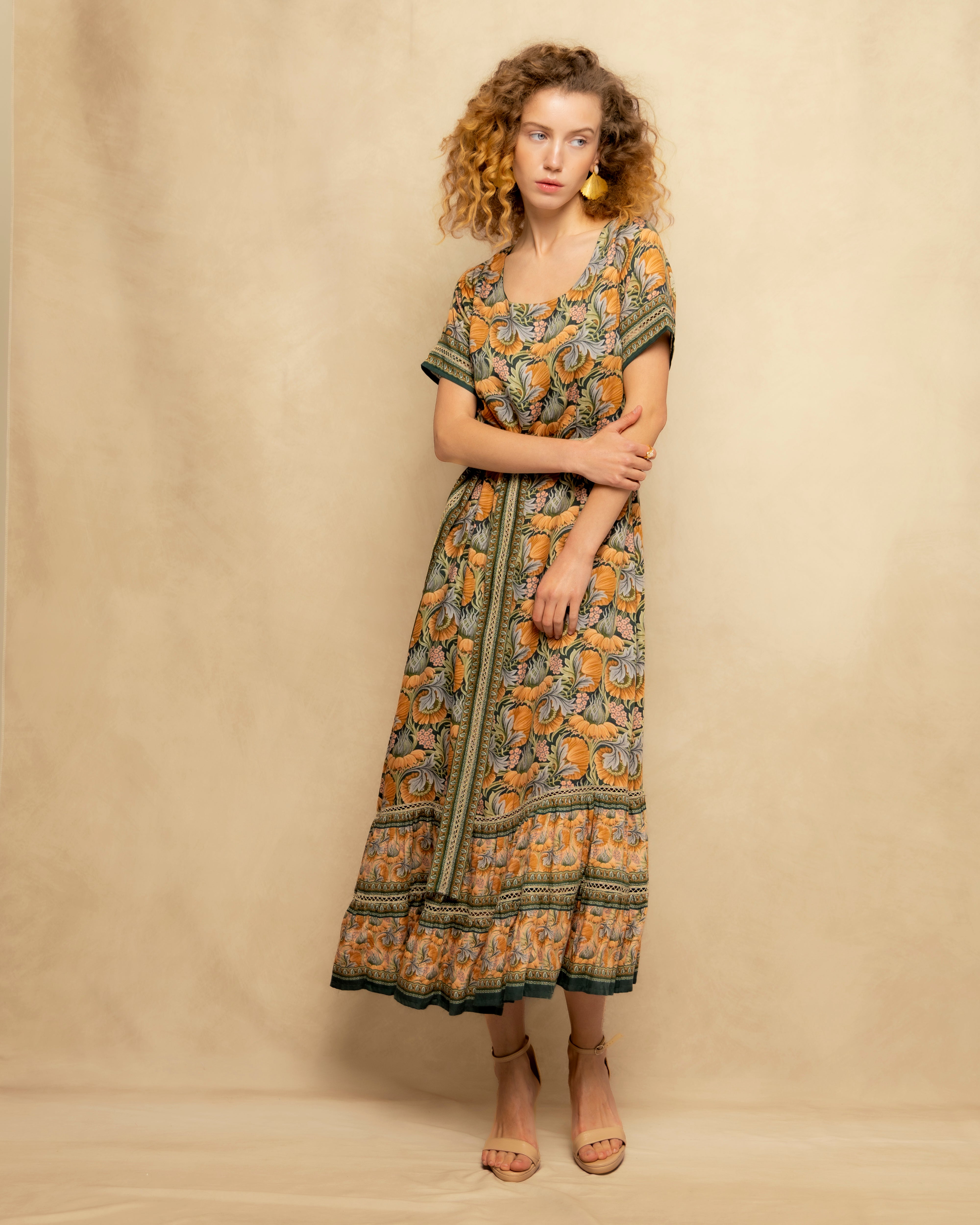 Vestido Midi Estampado de Inspiração Boémia Verde-4