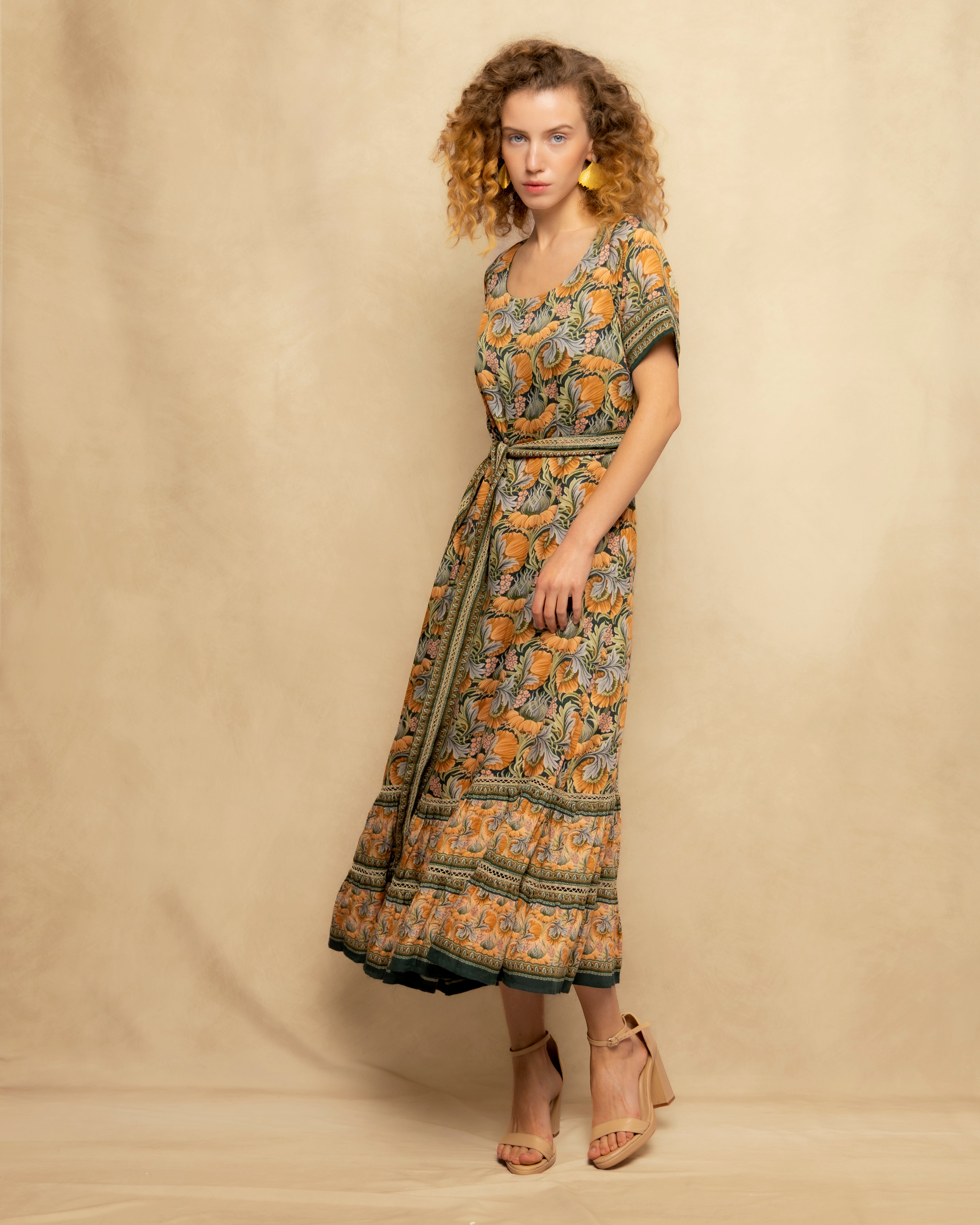 Vestido Midi Estampado de Inspiração Boémia Verde-5