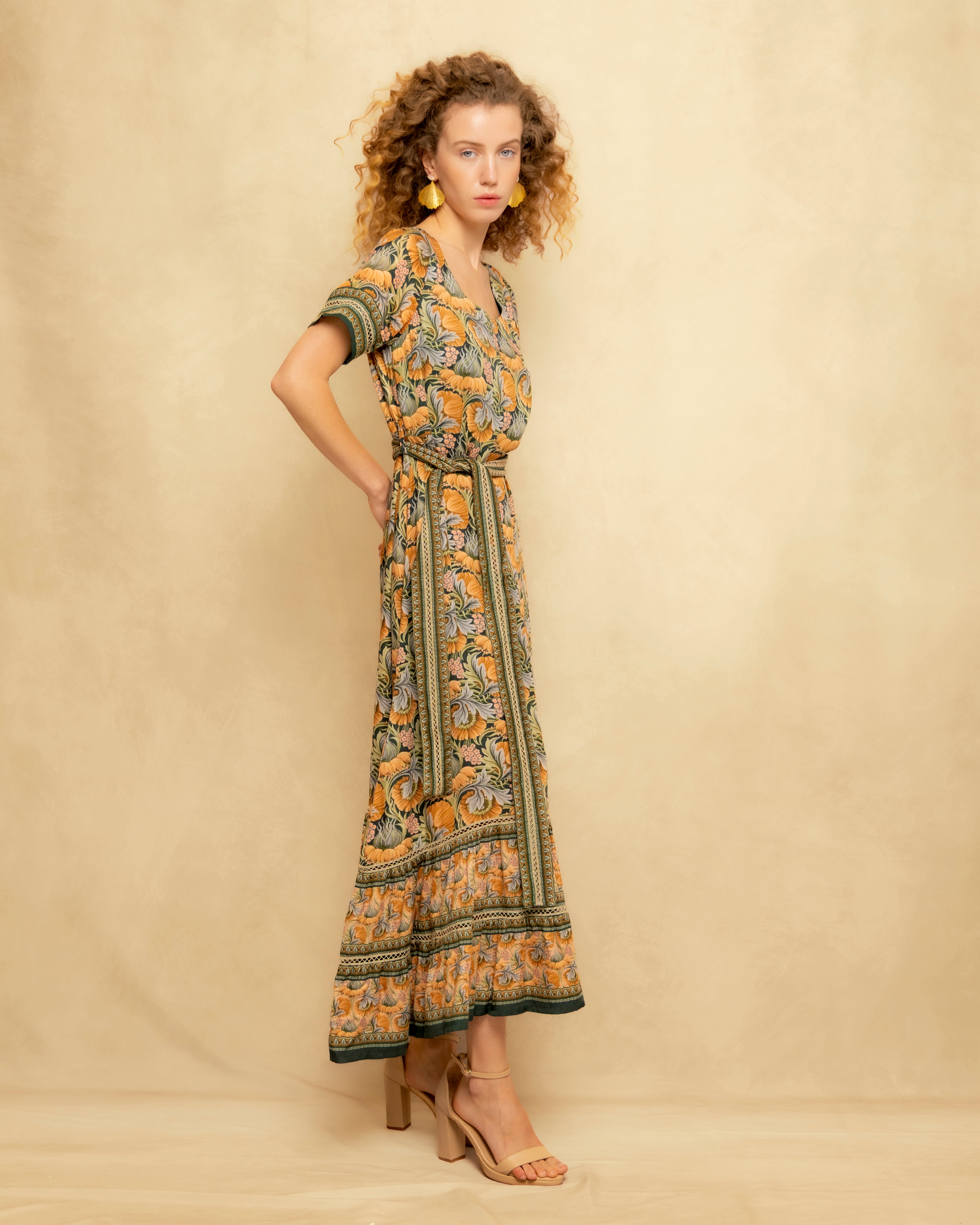 Vestido Midi Estampado de Inspiração Boémia Verde-6