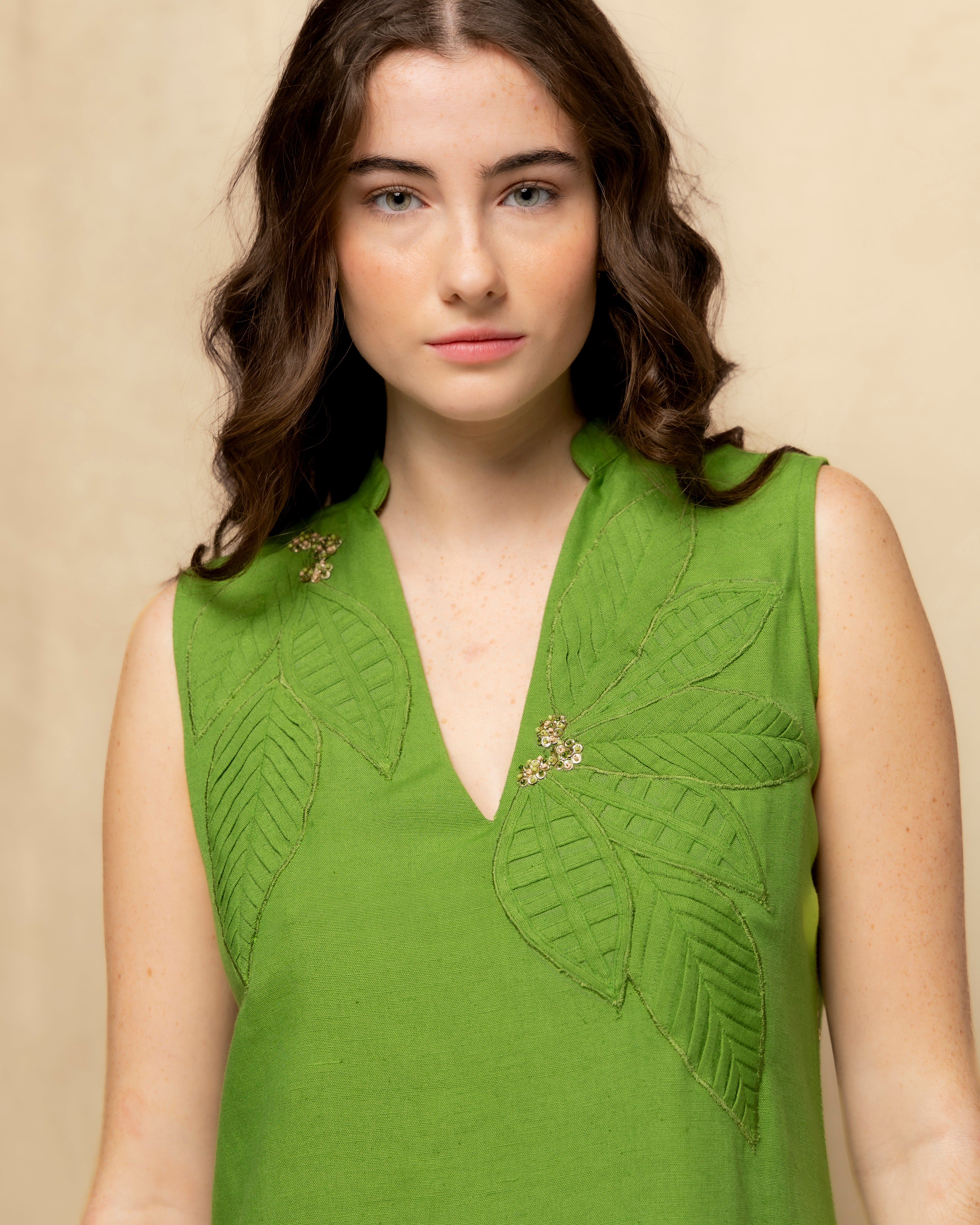 Vestido Curto com Decote em V e Bordado Verde-4