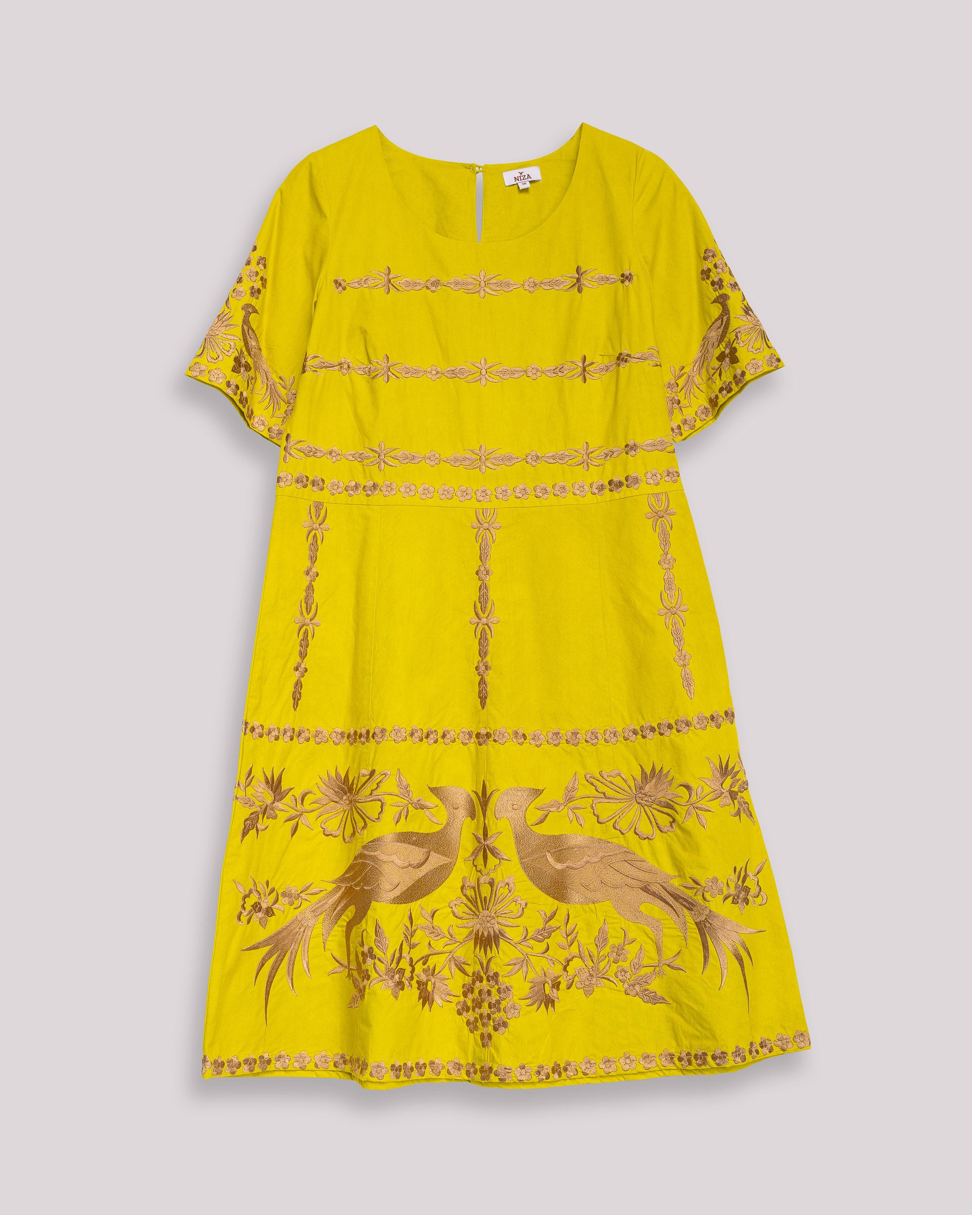 Vestido Curto de Inspiração Artesanal com Manga Curta Mostarda-7