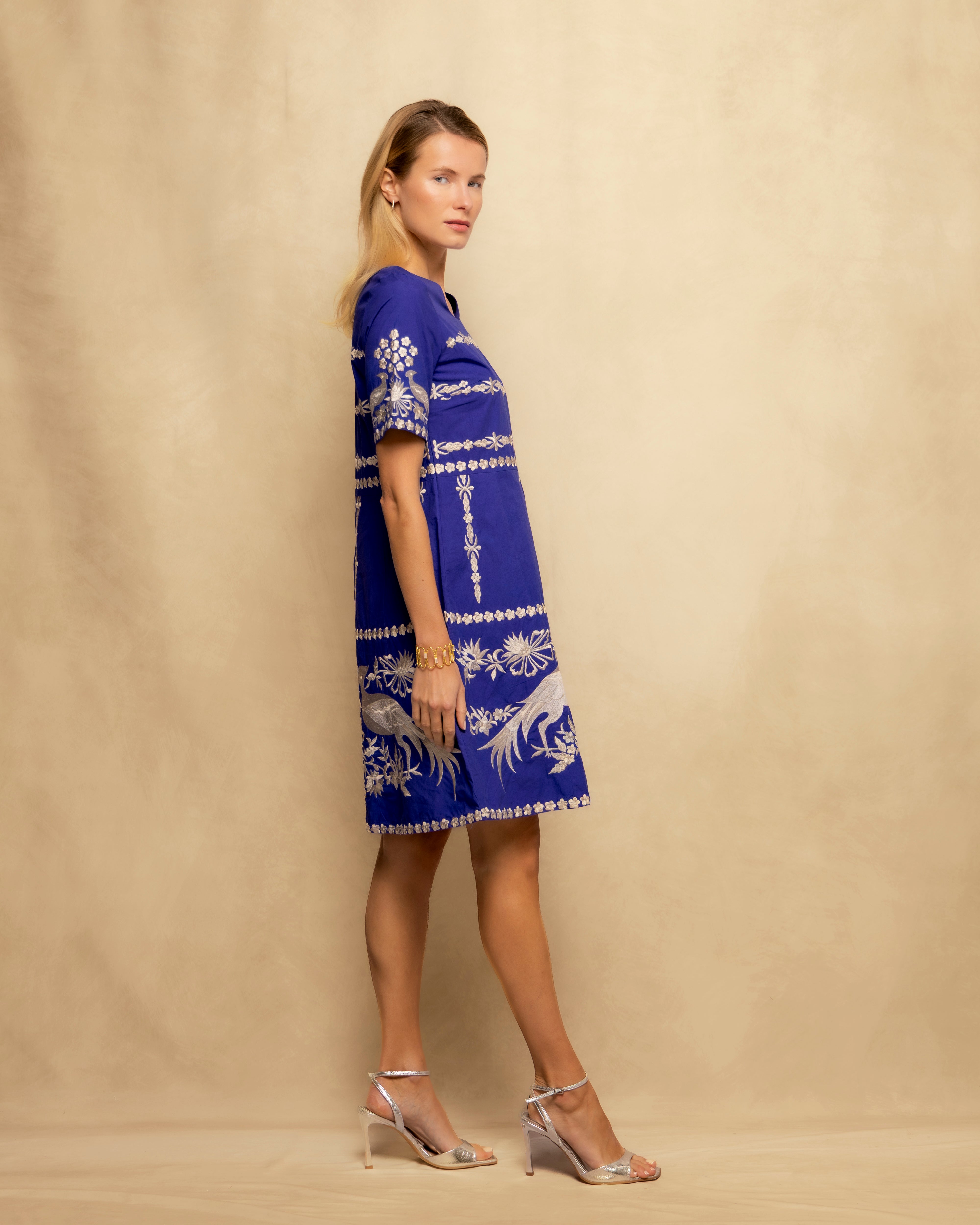 Vestido Curto de Inspiração Artesanal com Manga Curta Azul-6