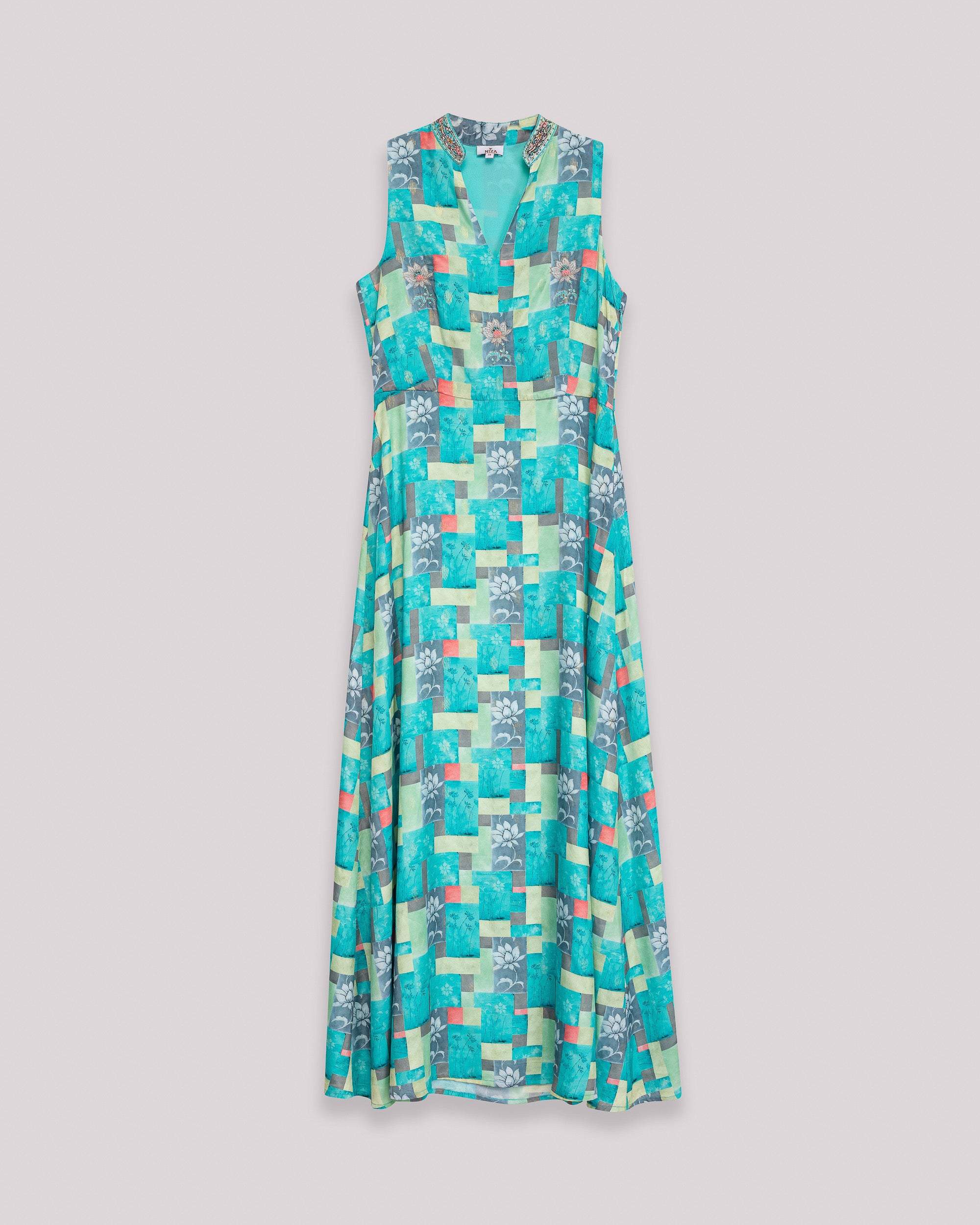 Vestido Comprido Estampado Geométrico sem Mangas e Corte Evasé Azul-6