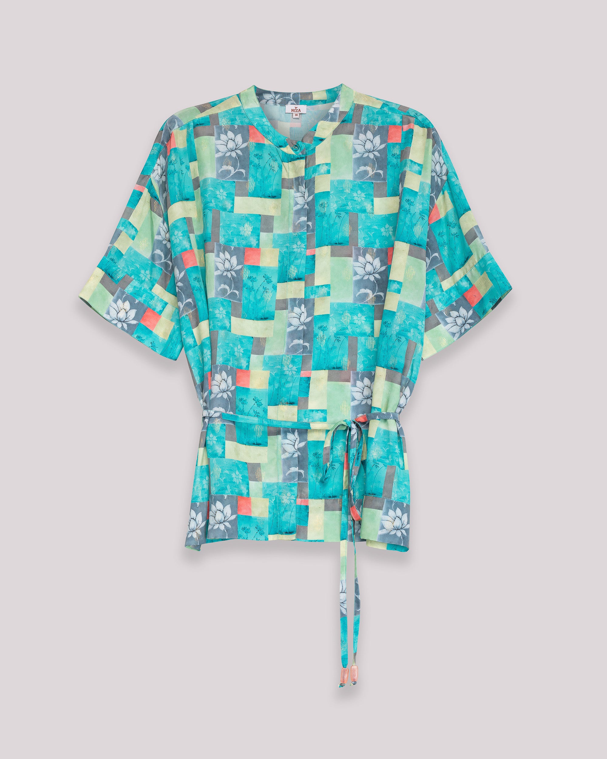 Blusa Estampada de Manga Curta com Cinto Ajustável Azul-6