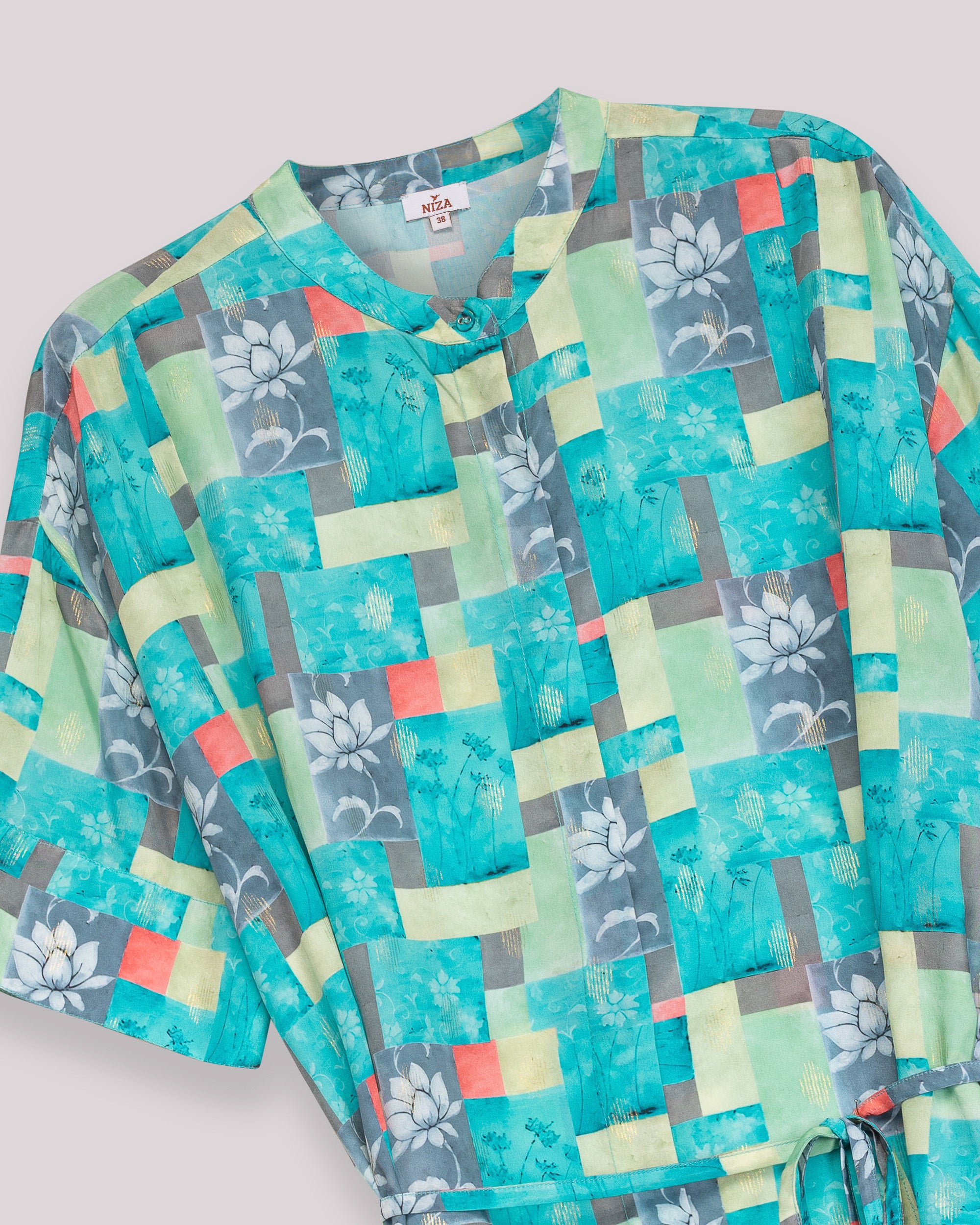 Blusa Estampada de Manga Curta com Cinto Ajustável Azul-7