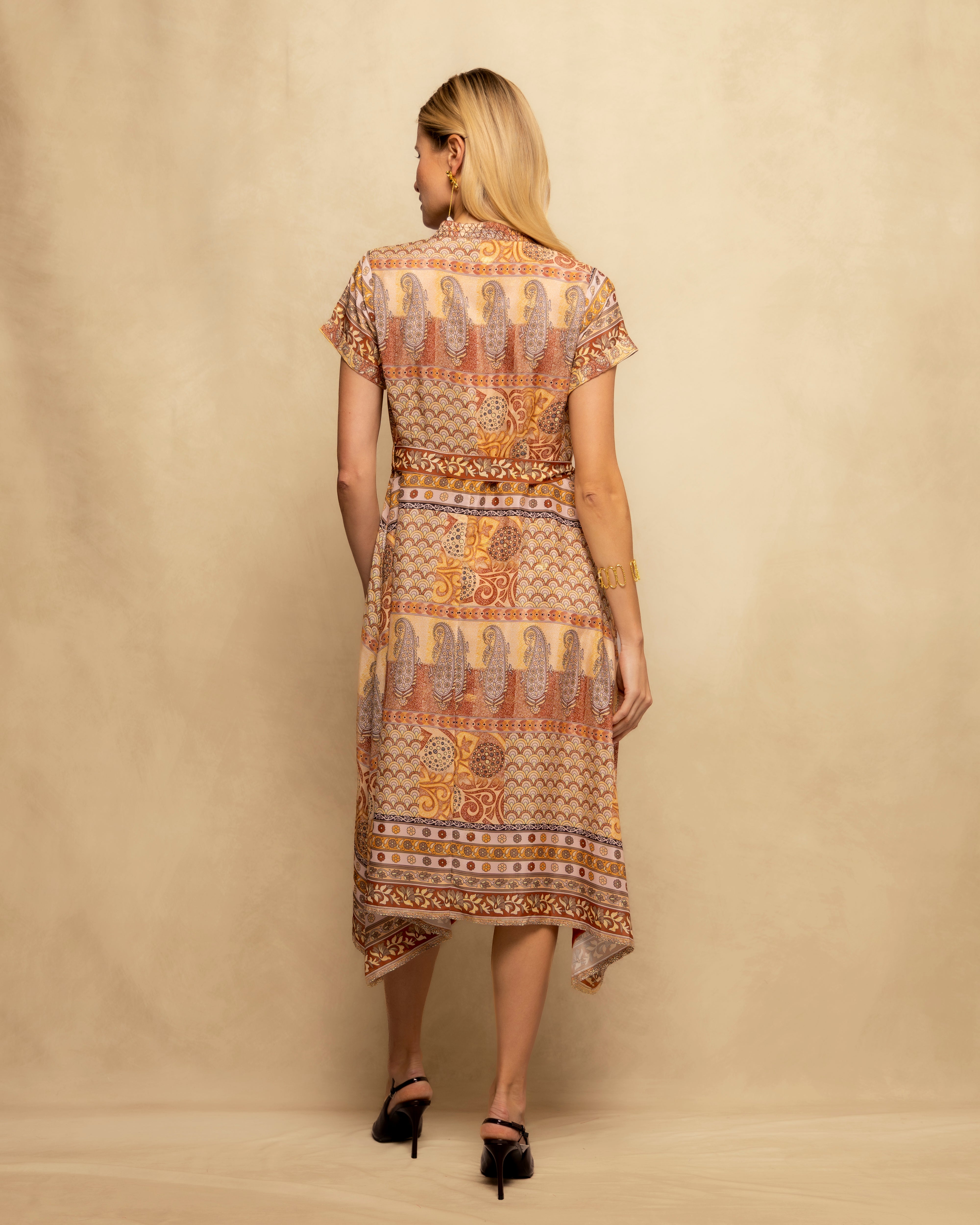 Vestido Midi Tipo Camisa com Laçada na Cintura Laranja-5