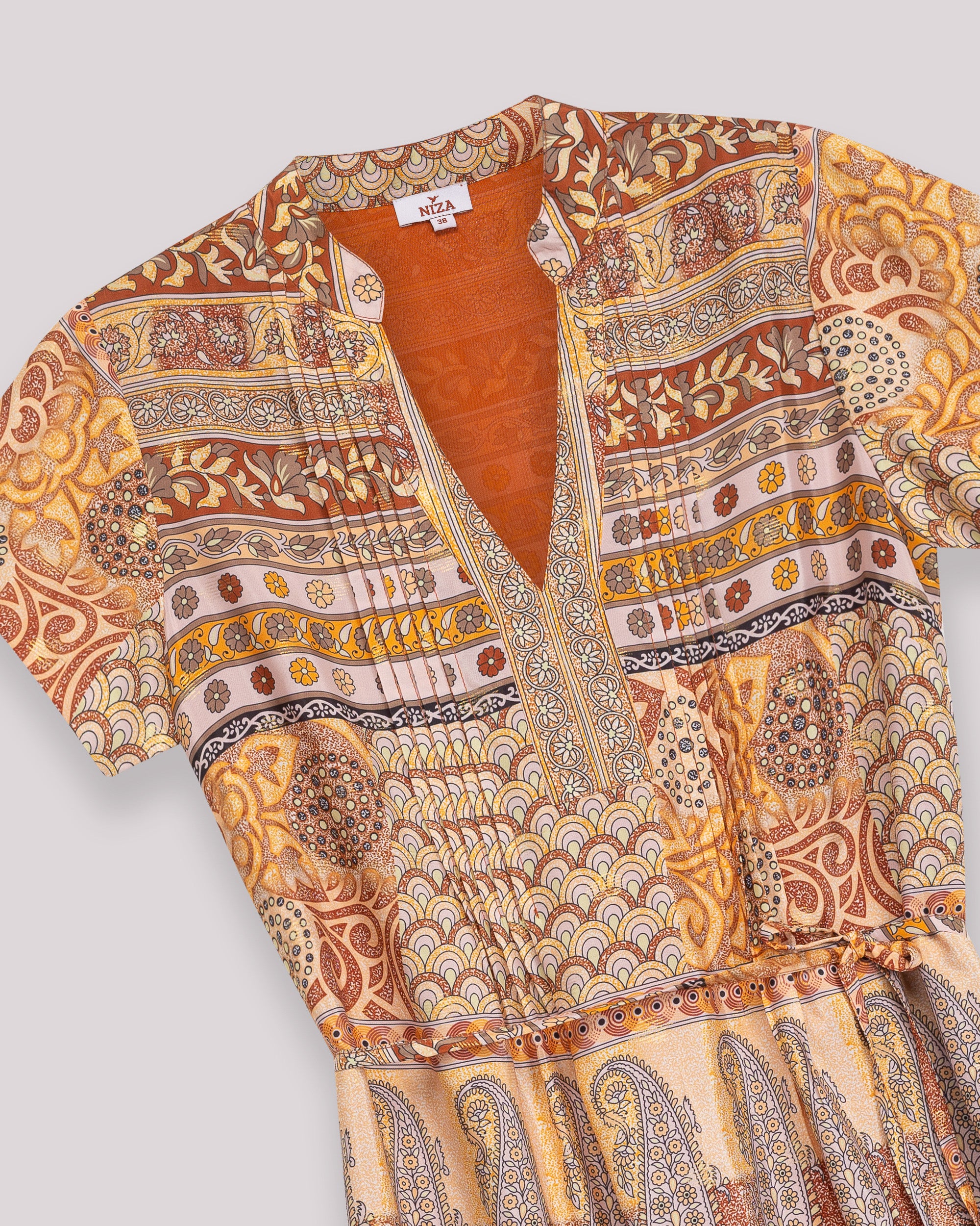 Vestido Curto Estampado com Manga Curta e Cinto Laranja-5