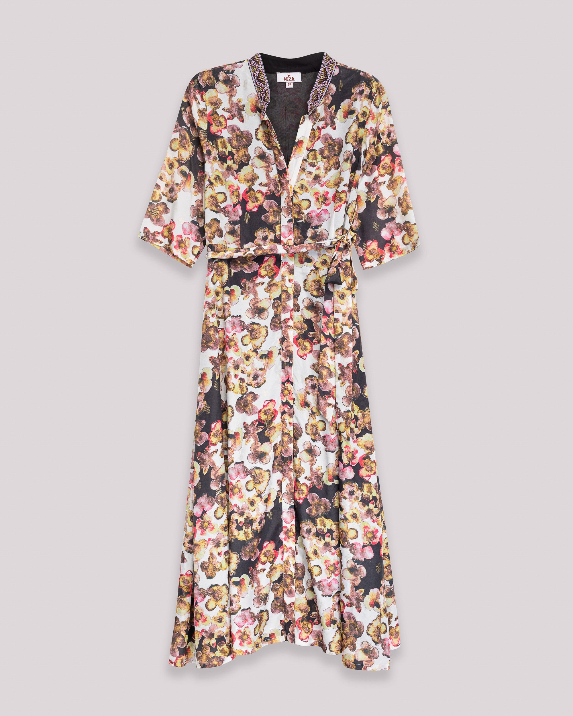Vestido Midi Estampado com Manga 3/4 e Cinto Multicolor-6
