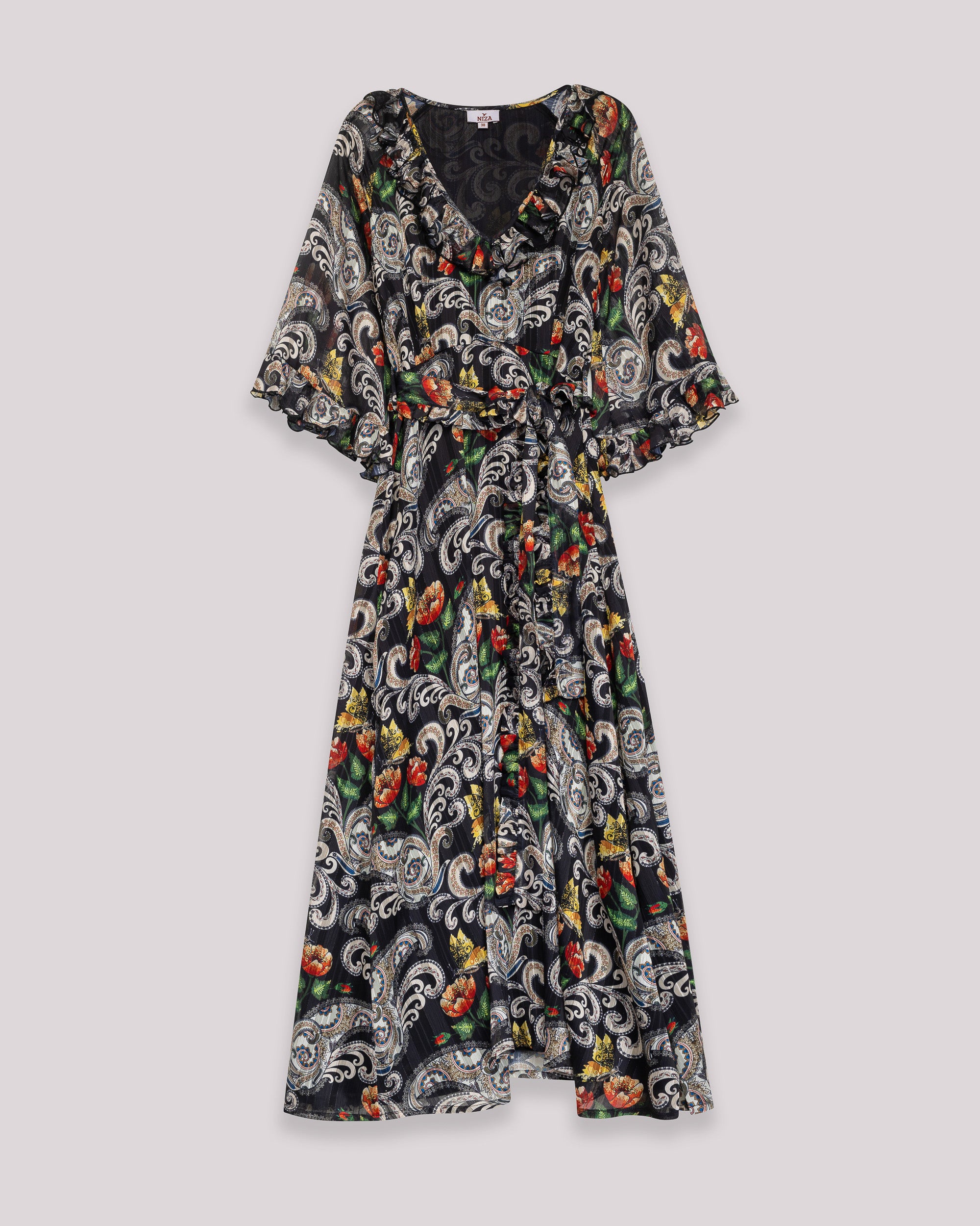 Vestido Comprido Estampado com Decote em V Folhos e Cinto Preto-6