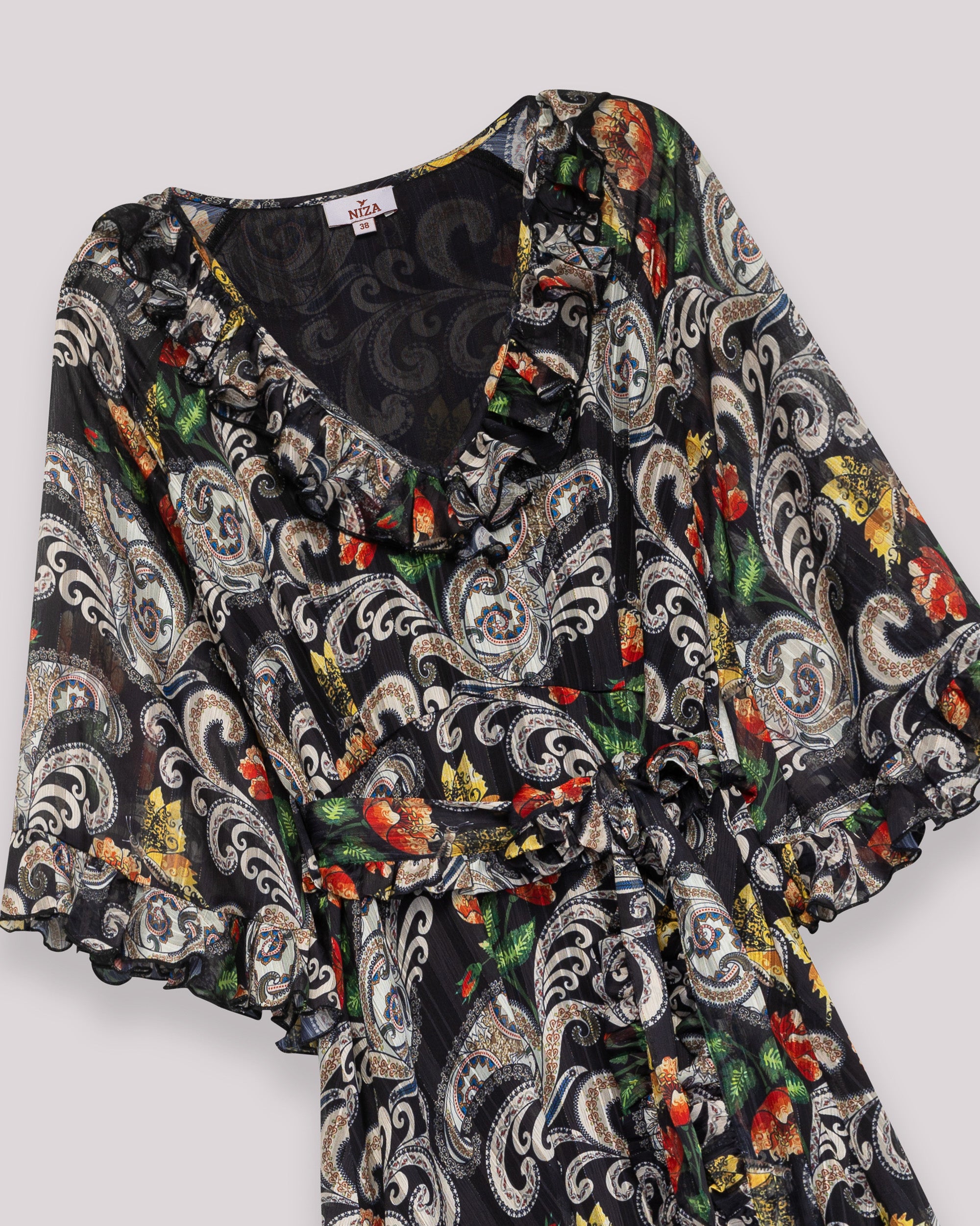 Vestido Comprido Estampado com Decote em V Folhos e Cinto Preto-7