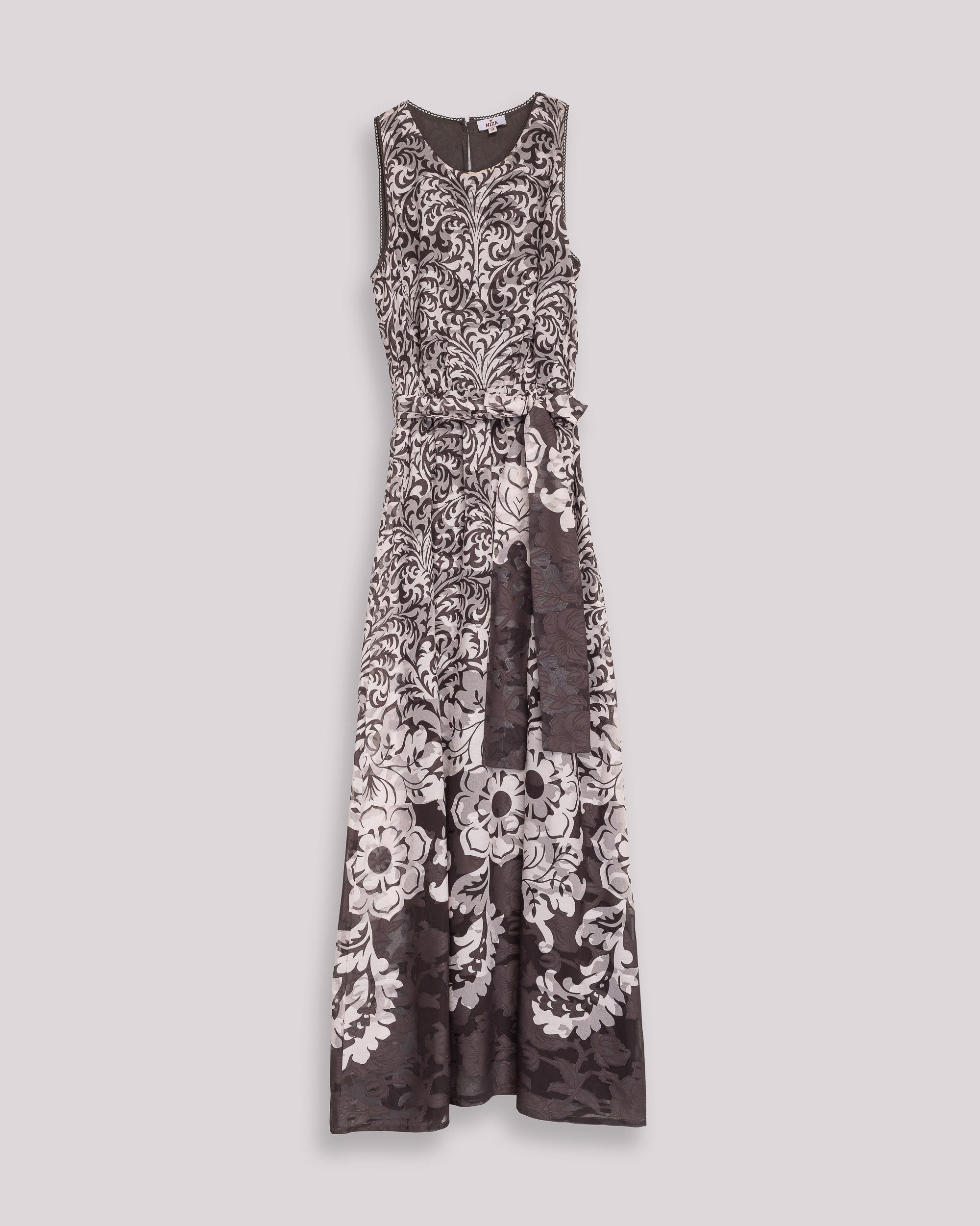 Vestido Comprido sem Mangas com Estampado Ornamental e Cinto Bege-8