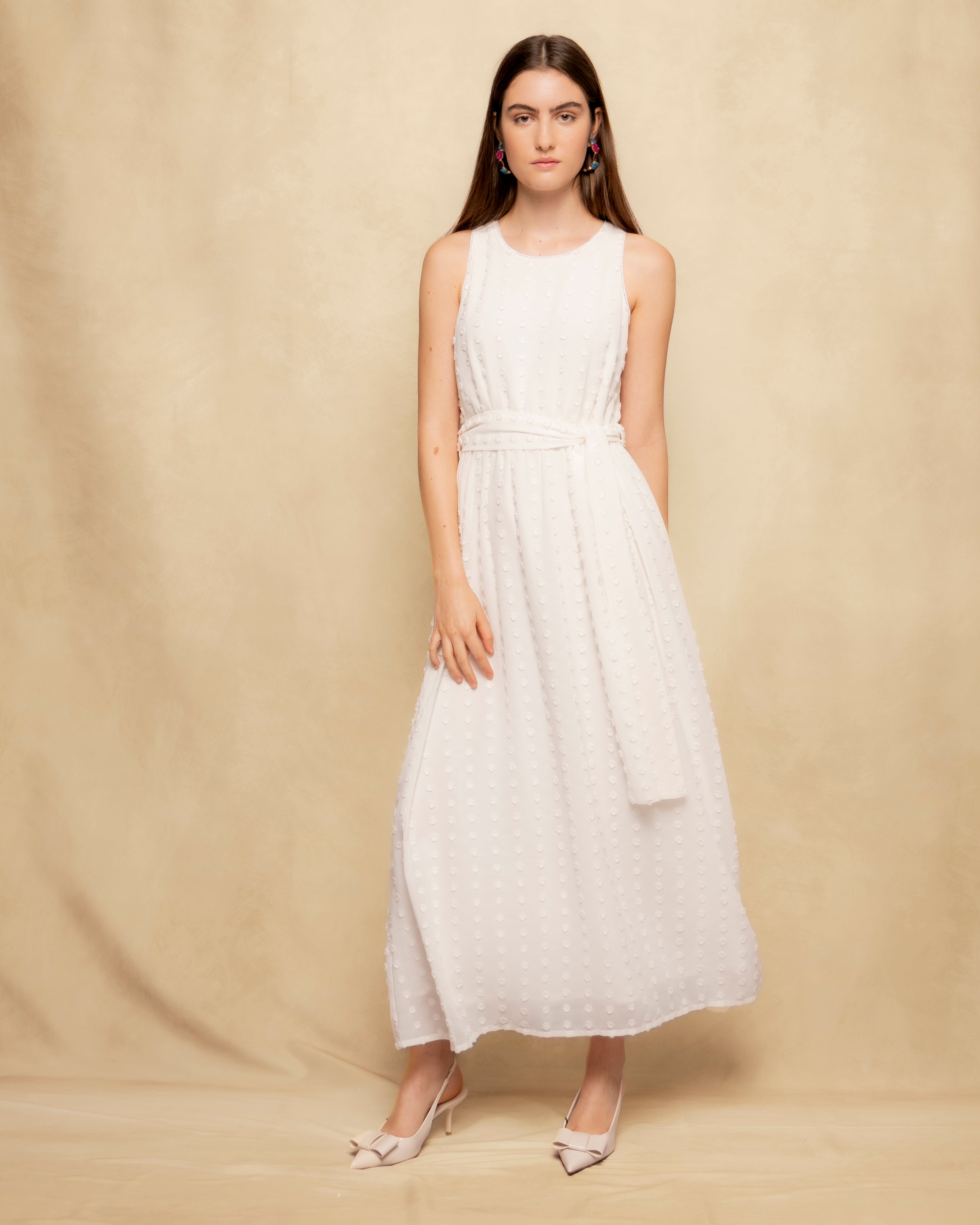 Imagem 0 de Vestido Comprido sem Mangas com Textura e Cinto