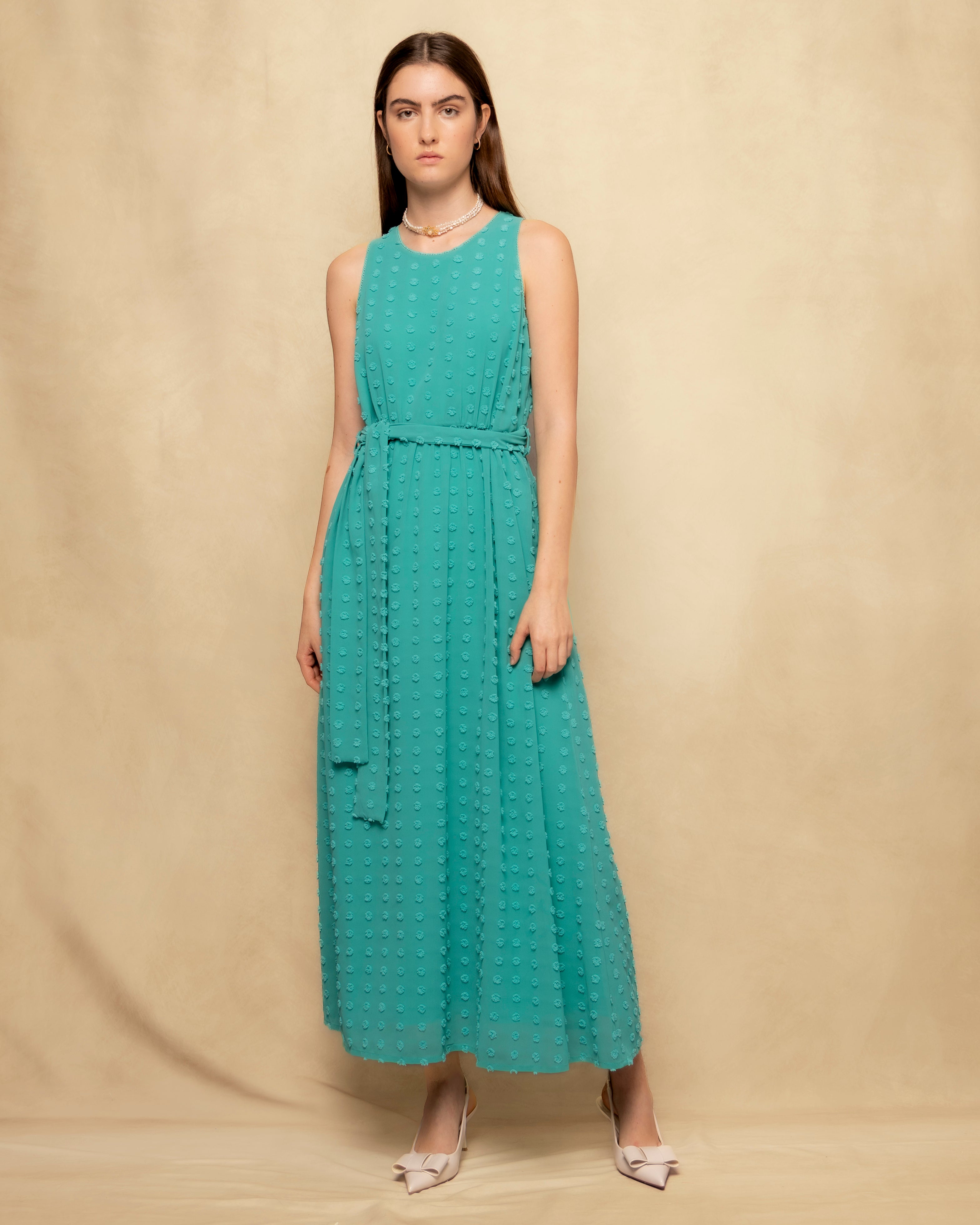Vestido Comprido sem Mangas com Textura e Cinto Turquesa-3
