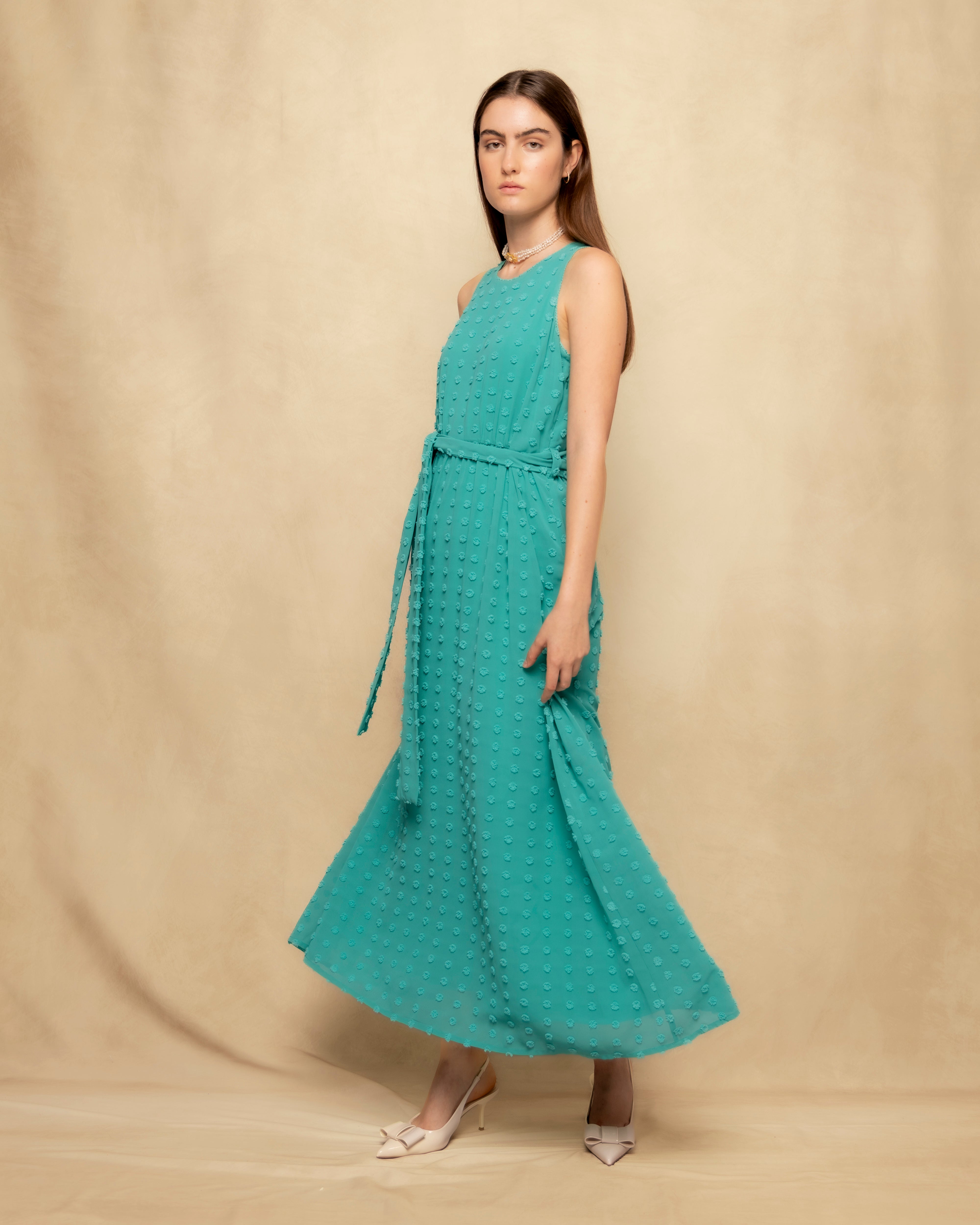 Vestido Comprido sem Mangas com Textura e Cinto Turquesa-4
