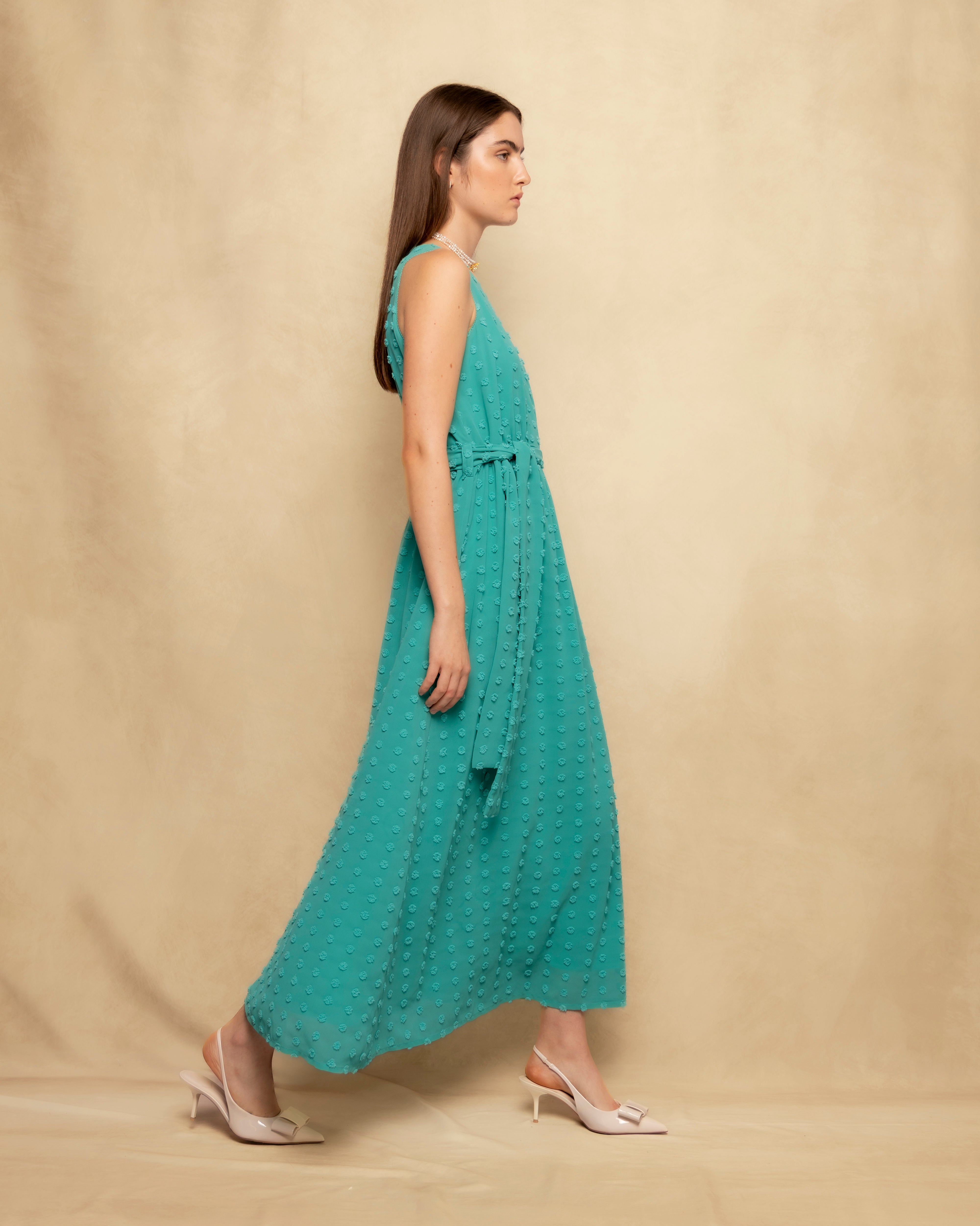 Vestido Comprido sem Mangas com Textura e Cinto Turquesa-5