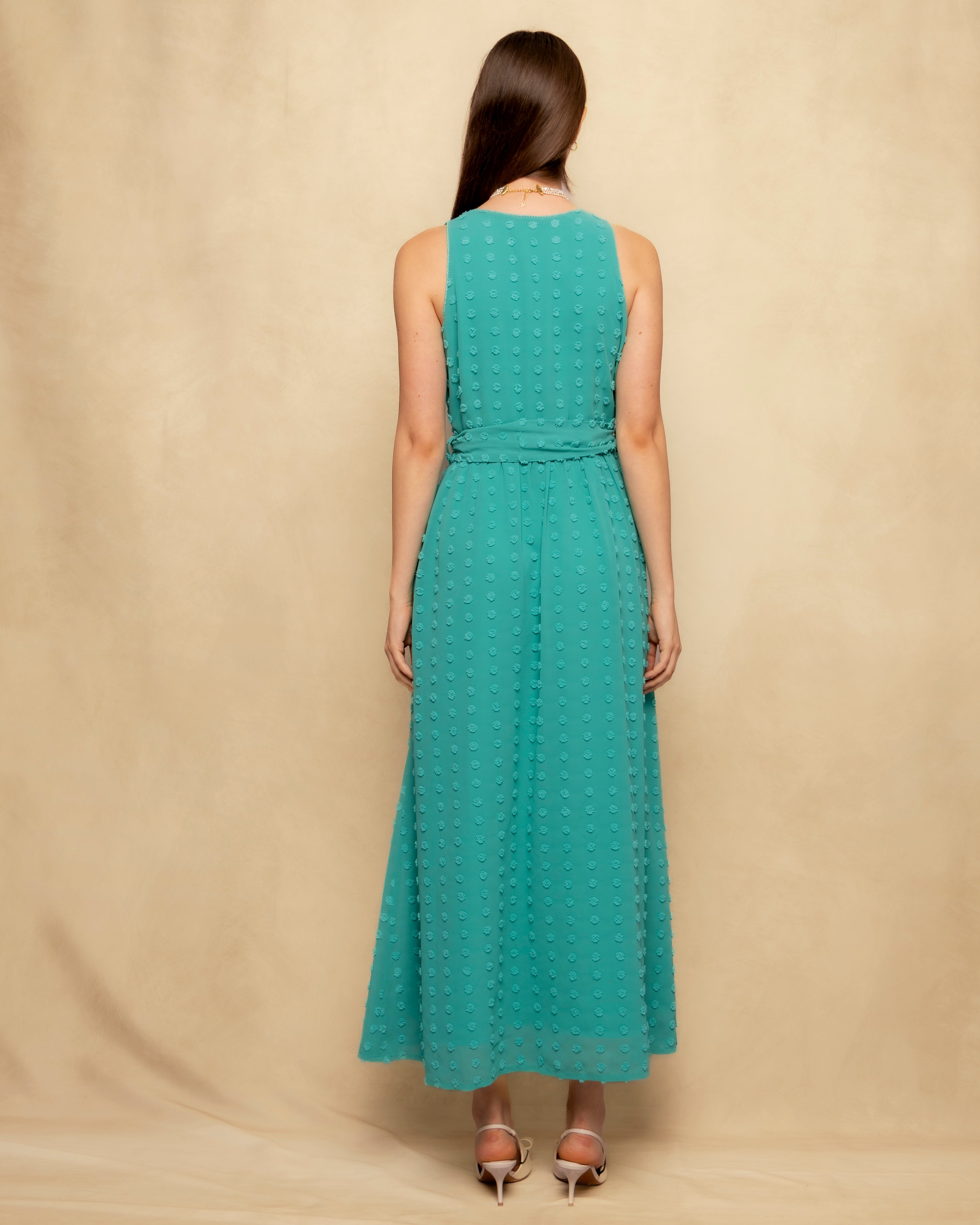 Vestido Comprido sem Mangas com Textura e Cinto Turquesa-6
