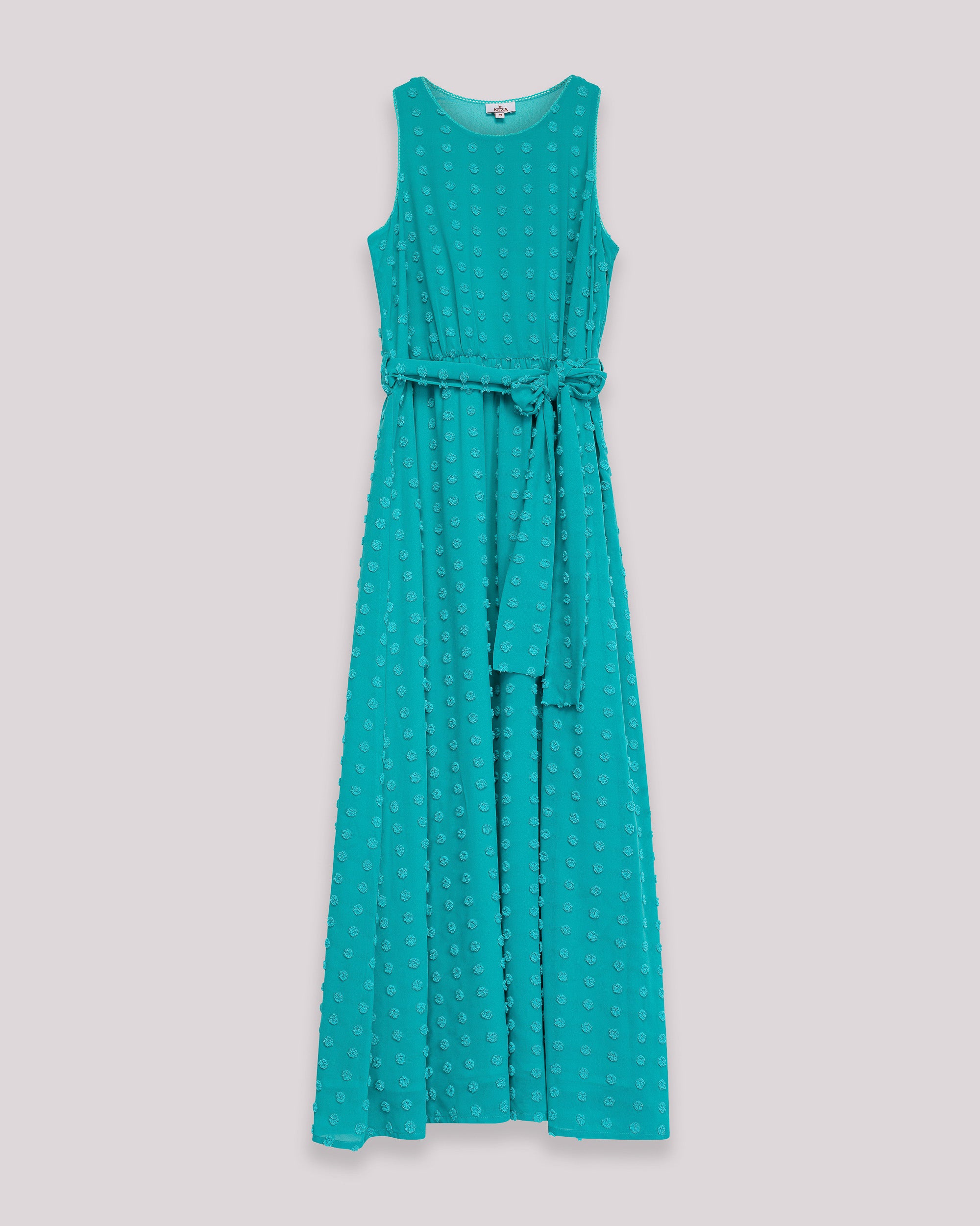 Vestido Comprido sem Mangas com Textura e Cinto Turquesa-8