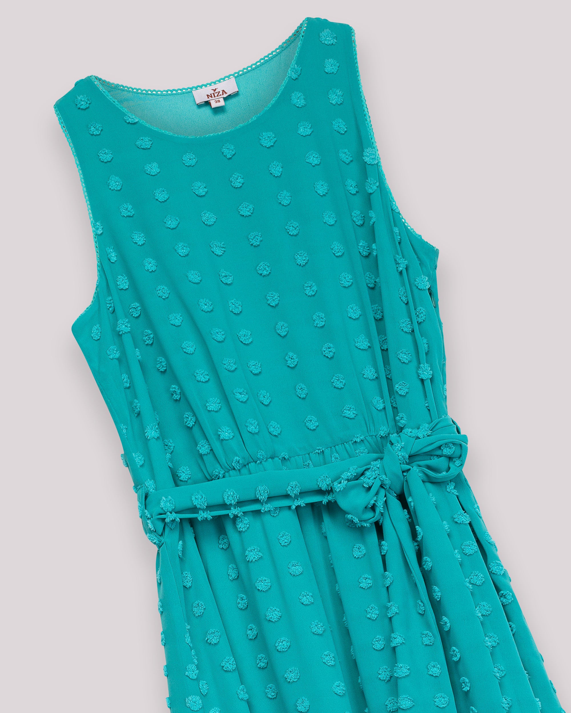 Vestido Comprido sem Mangas com Textura e Cinto Turquesa-9