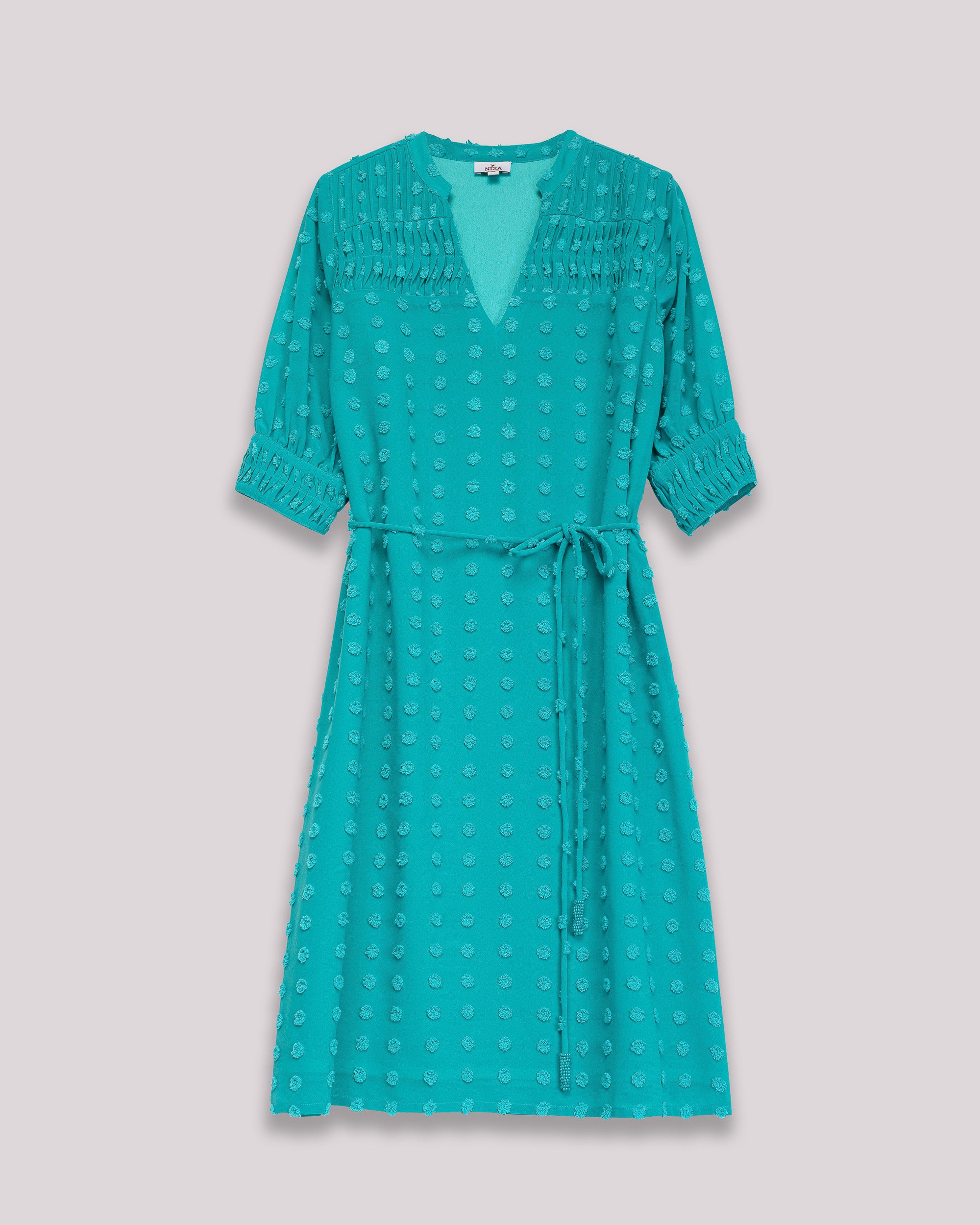 Vestido Curto de Tecido Plumeti com Decote em V e Manga 3/4 Turquesa-7