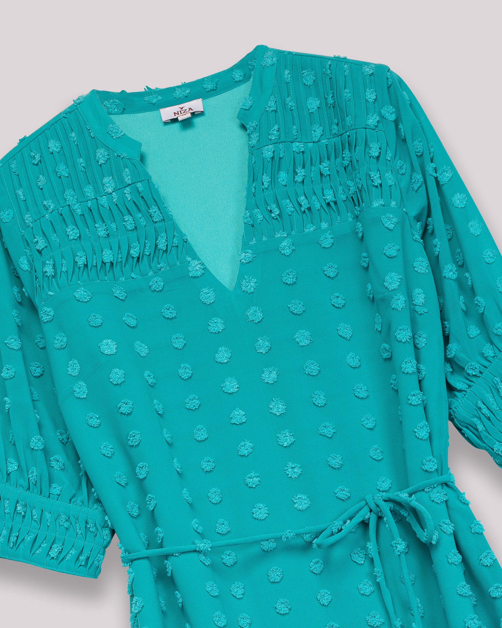 Vestido Curto de Tecido Plumeti com Decote em V e Manga 3/4 Turquesa-8