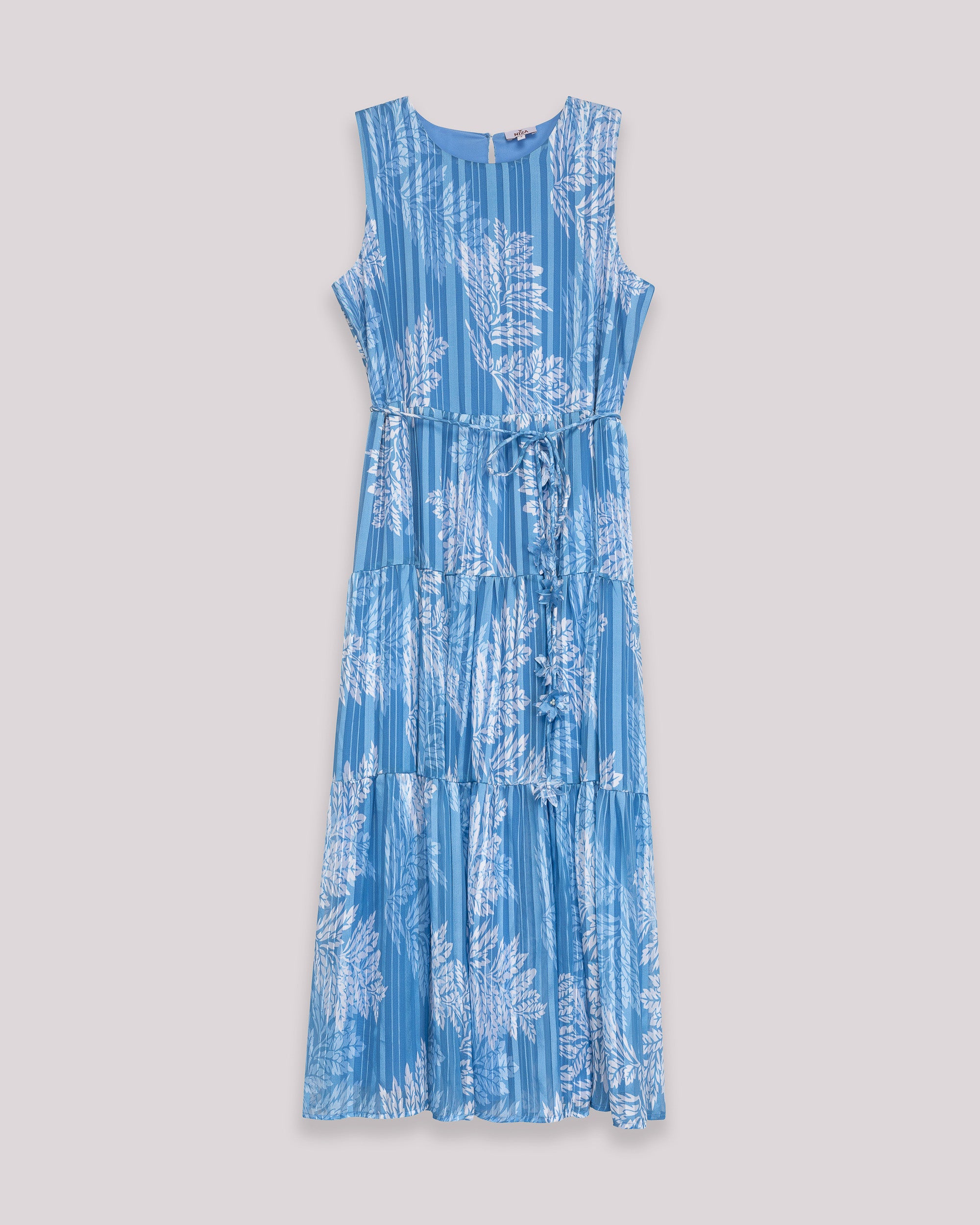 Vestido Comprido Estampado sem Mangas com Cinto Azul-5