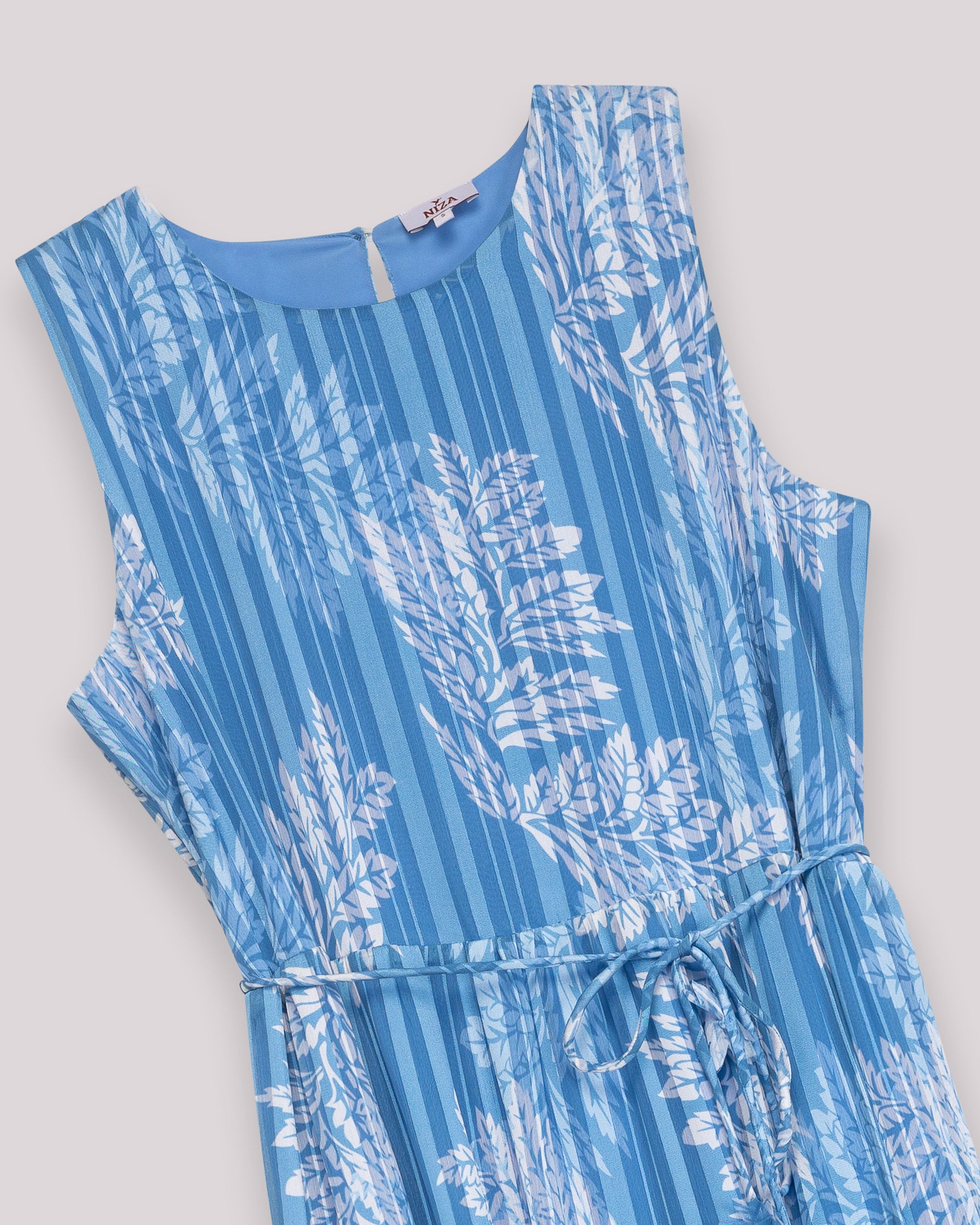Vestido Comprido Estampado sem Mangas com Cinto Azul-6
