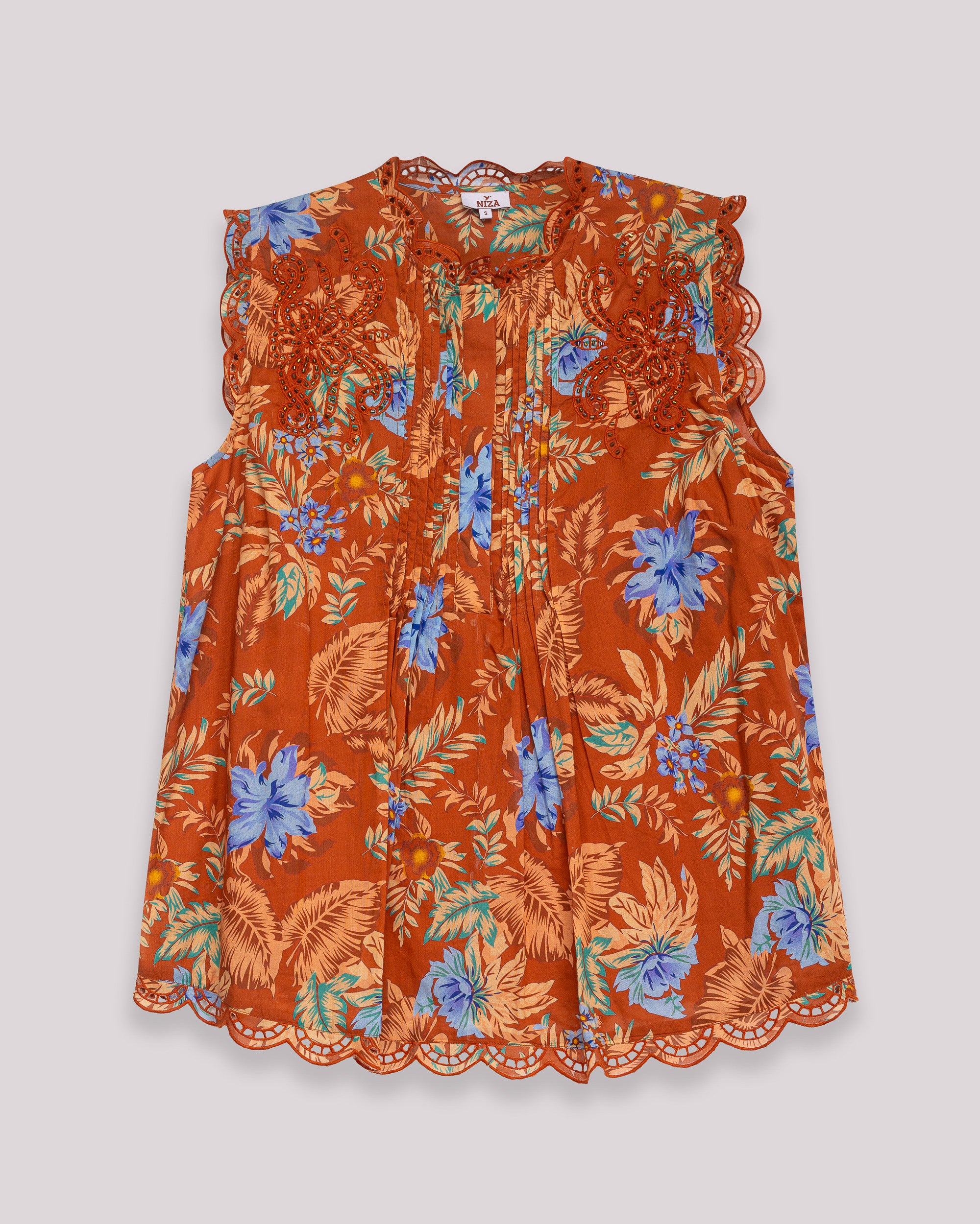 Blusa Estampada sem Mangas com Bordado e Bainha Festoneada Laranja-5