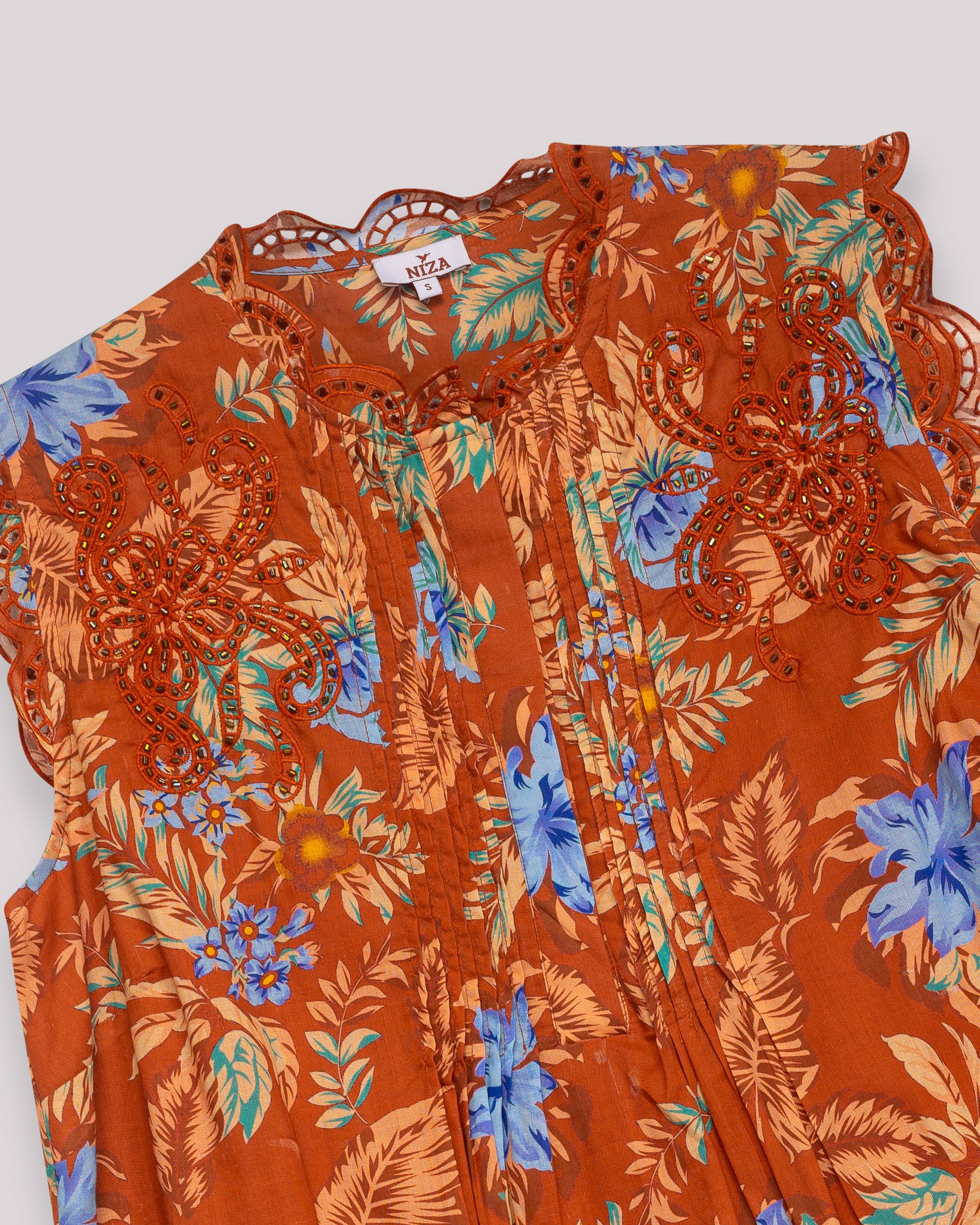 Blusa Estampada sem Mangas com Bordado e Bainha Festoneada Laranja-6