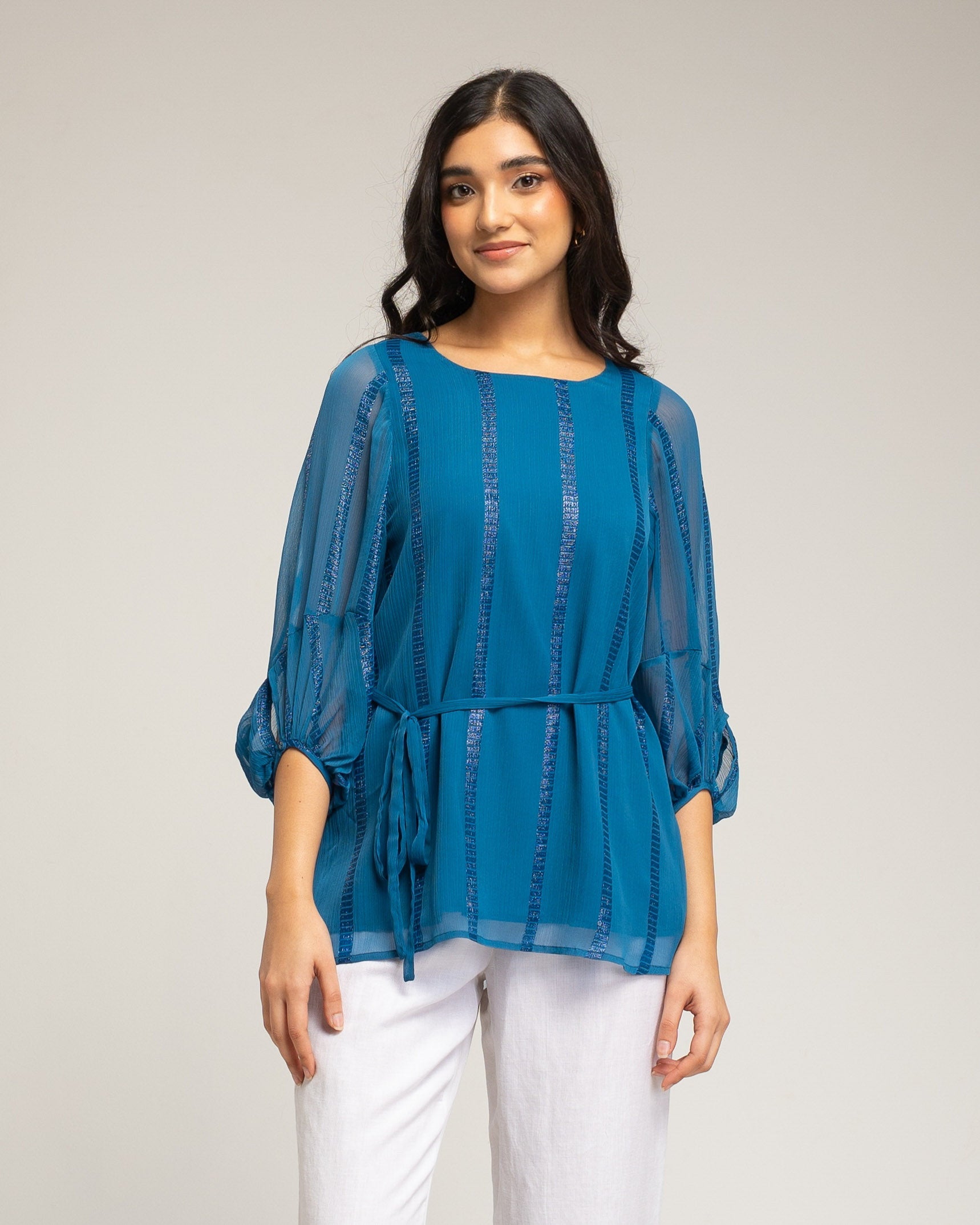 Blusa Fluida com Laçada Azul-1