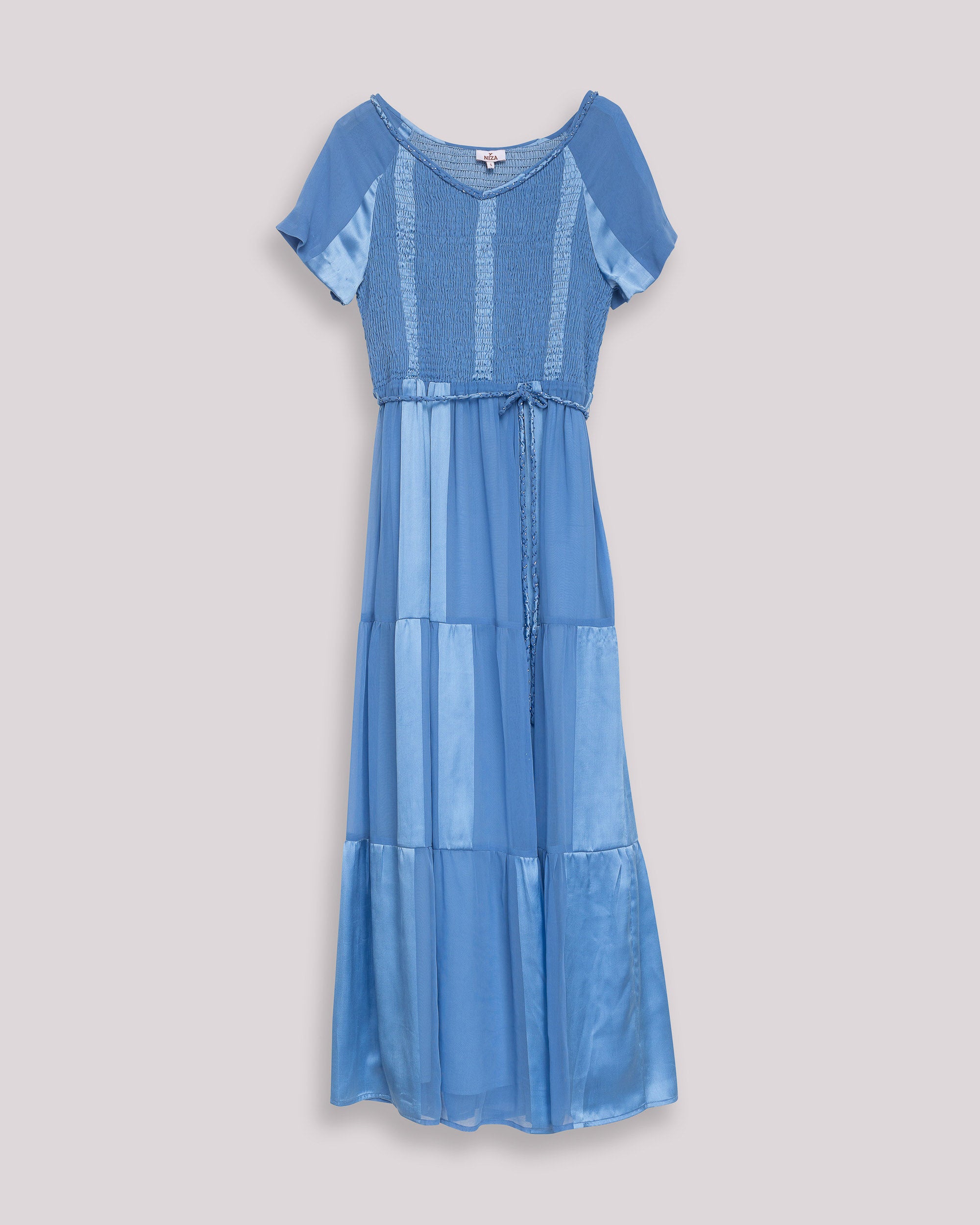 Vestido Comprido com Corpo Franzido e Saia de Camadas Azul-6