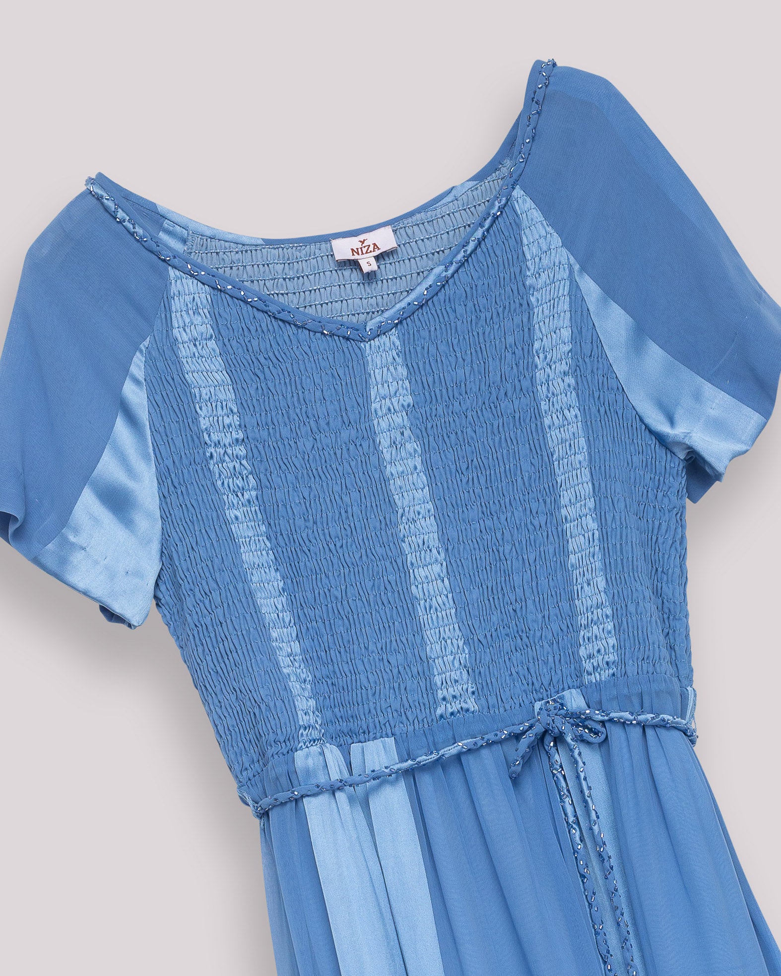 Vestido Comprido com Corpo Franzido e Saia de Camadas Azul-7