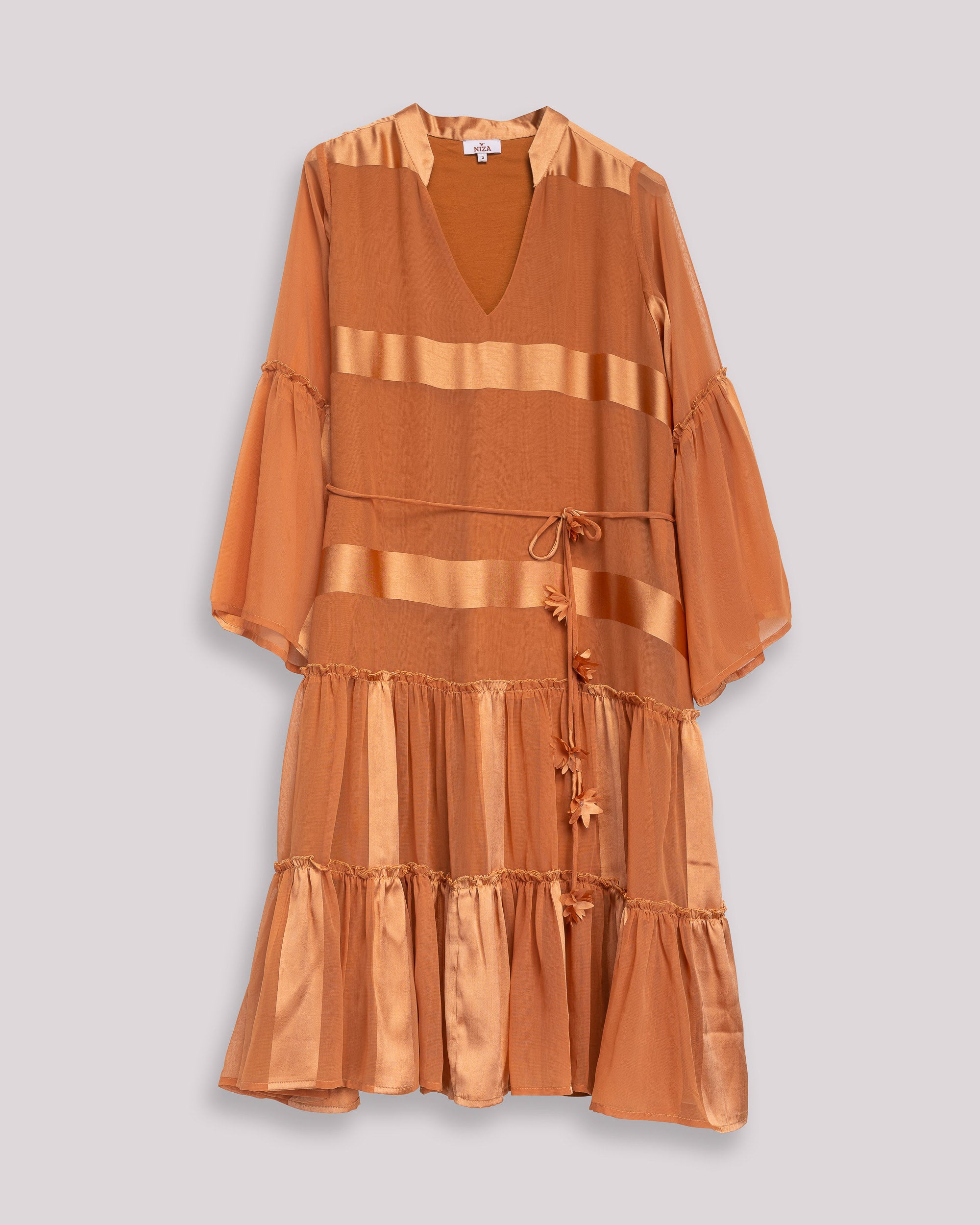 Vestido Curto com Decote em V e Mangas Amplas Laranja-9