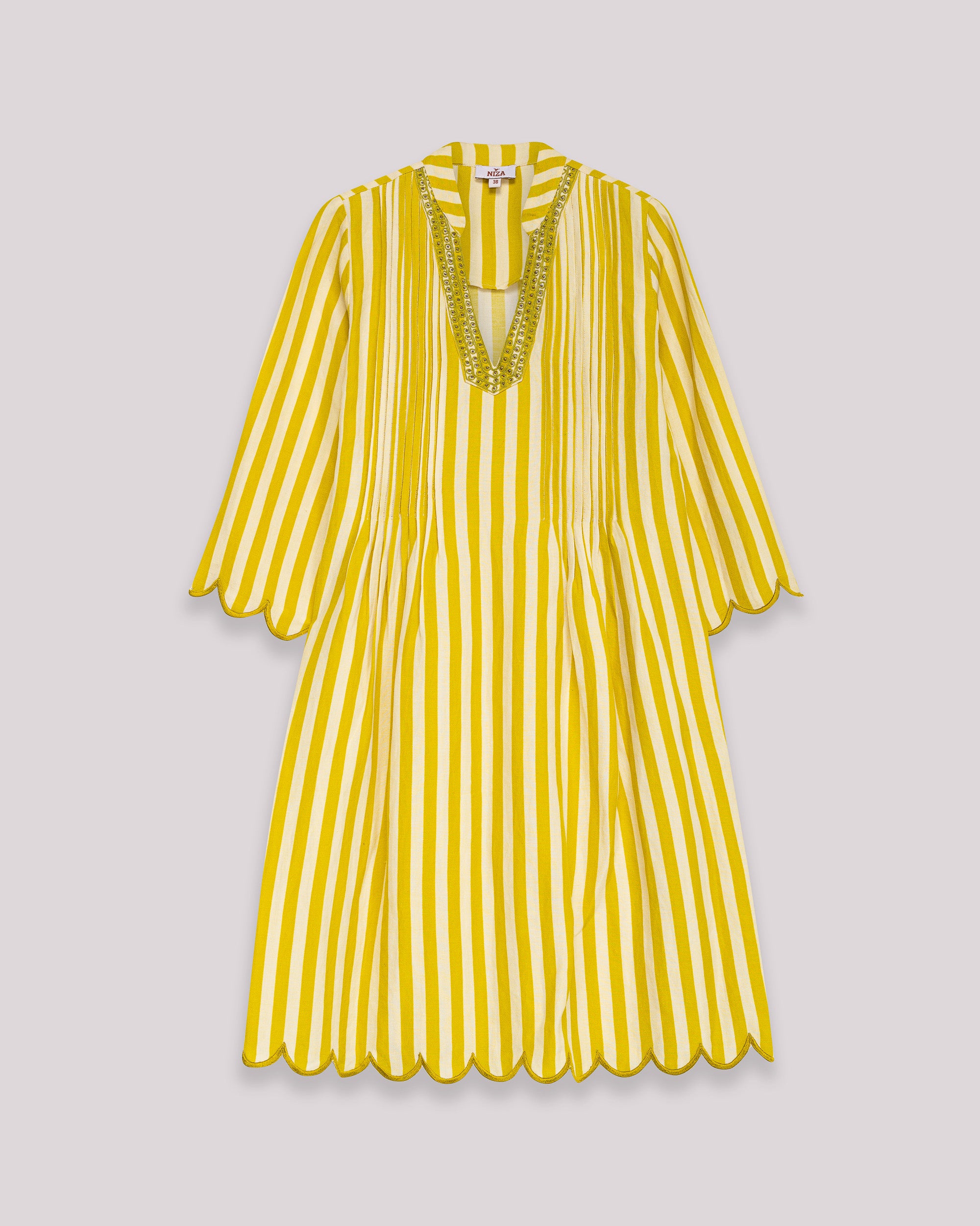 Vestido Curto Às Riscas com Decote em V e Manga Comprida Amarelo-7