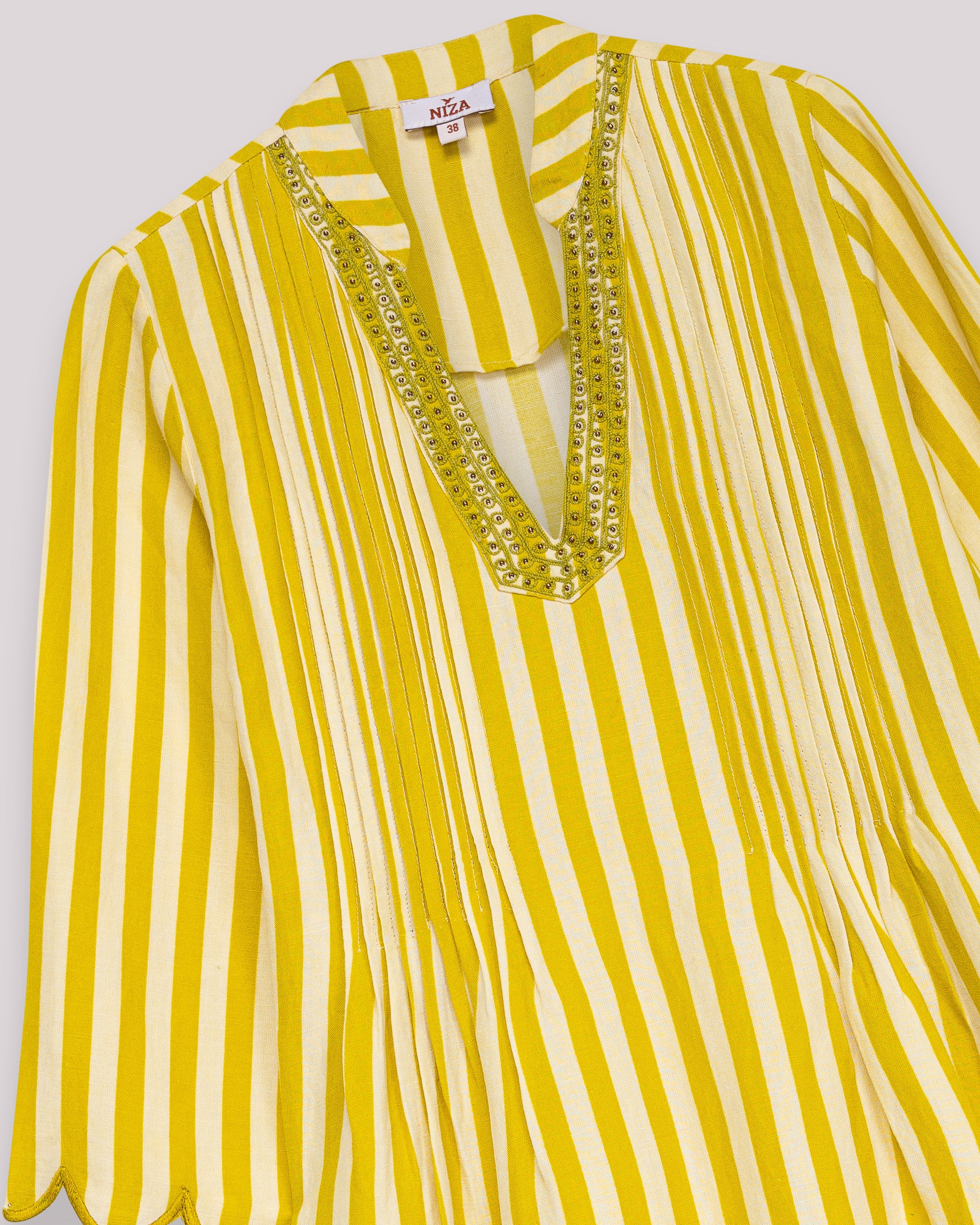 Vestido Curto Às Riscas com Decote em V e Manga Comprida Amarelo-8